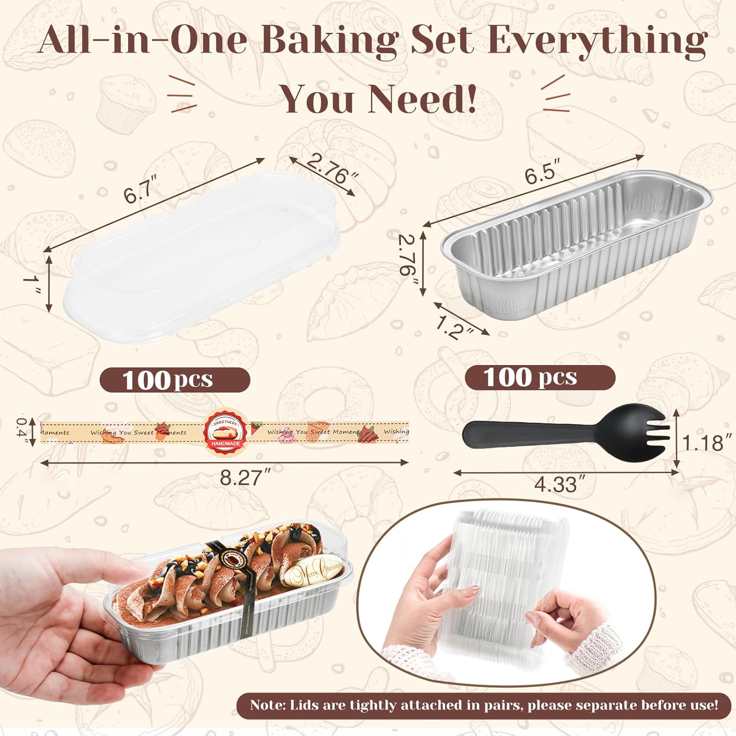 YQER 100 Pack Mini Loaf Pans with Lids, Spoons & Stickers – Disposable Aluminum Foil Baking Cake Containers for Oven, Air Fryer & Freezer – Ideal for Cakes, Bread, White Valentines Tins, Sliver