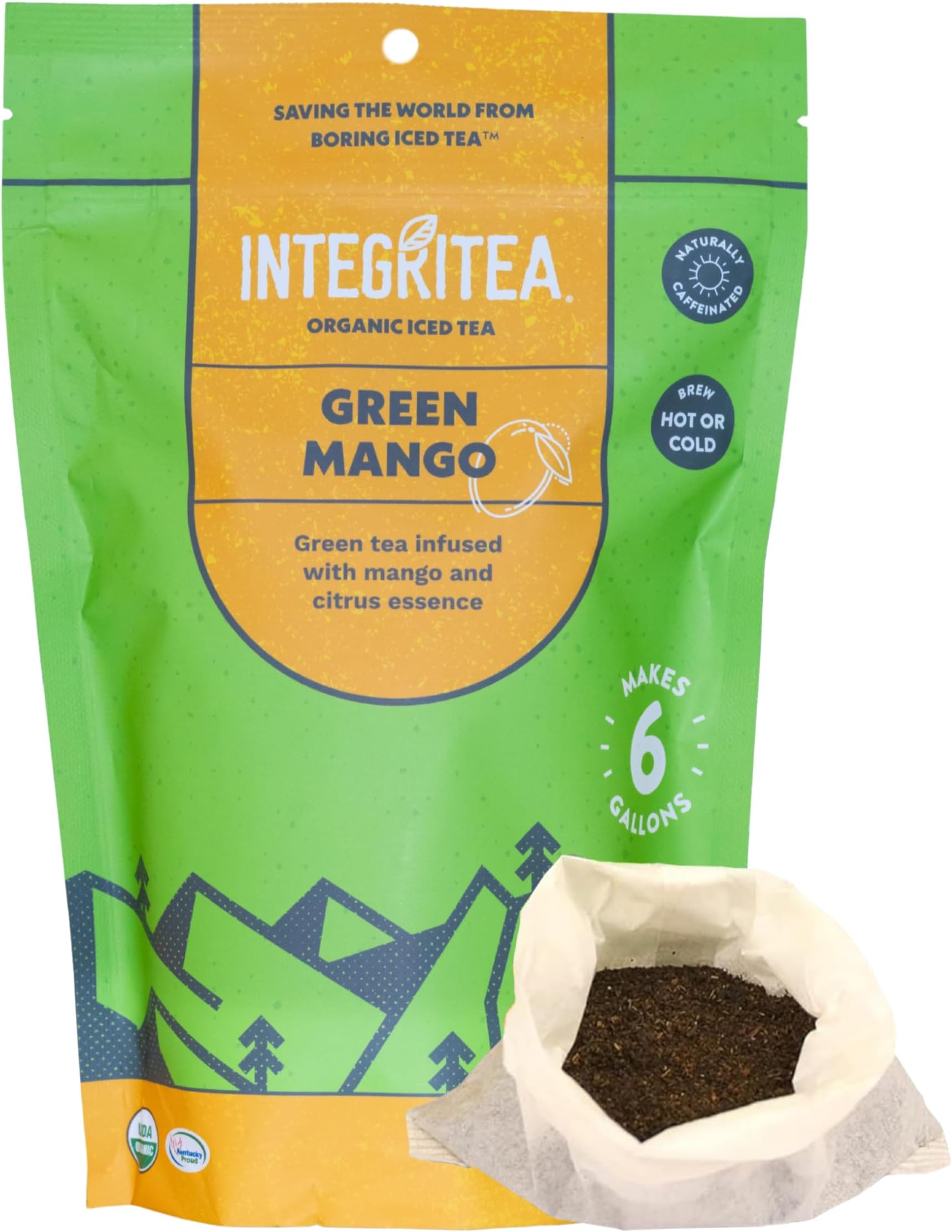 IntegriTEA Green Mango Flavored Green Tea, 6 Organic Unsweetened Iced Tea Bags, 6 Gallons, Hot or Cold Brew, Fairly & Sustainably Sourced