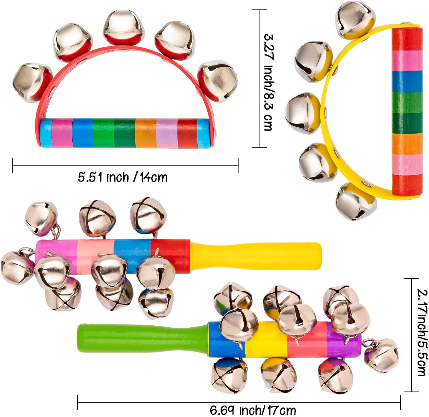 Whaline 4pcs Hand Jingle Bells Hand Sleigh Bells Rainbow Rattles Bell Handhold Wooden Bells with Handle Musical Instrument Gifts School Desk Ring Bell for Education Party Christmas : Musical Instruments