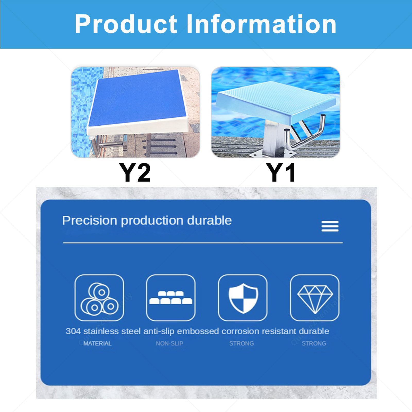 Trampolino Tuffo Standard Piscina,Trampolini Base Acciaio Inox,Piano Antiscivolo Inclinato 15°,Blocco Partenza,Carico 200kg, Trampolini Piscine Interrate Standard Y1