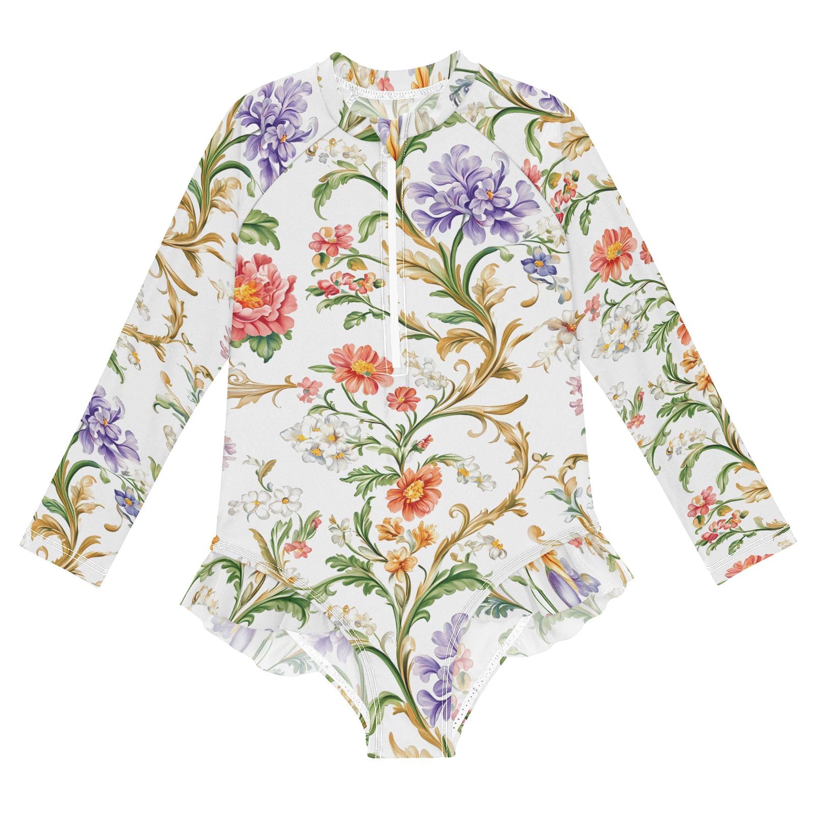 ALAZA Swimsuit for Girls Long Sleeve Rashguard Bathing Suit European White Flowers Quick Dry 4T