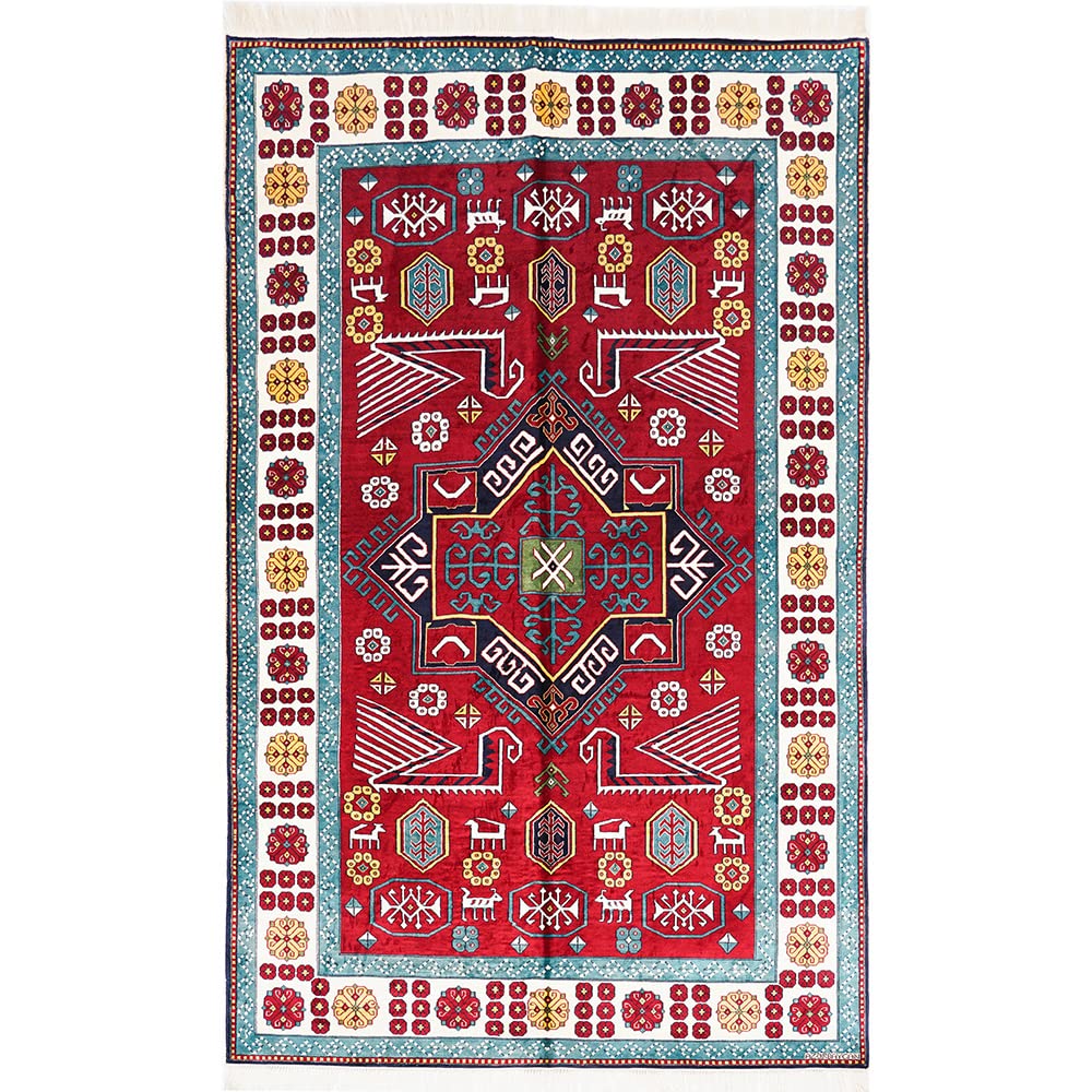 Yuchen Rug Silk Carpet 5x8 Handmade Red Geometric Area Silk Rug for Living Room