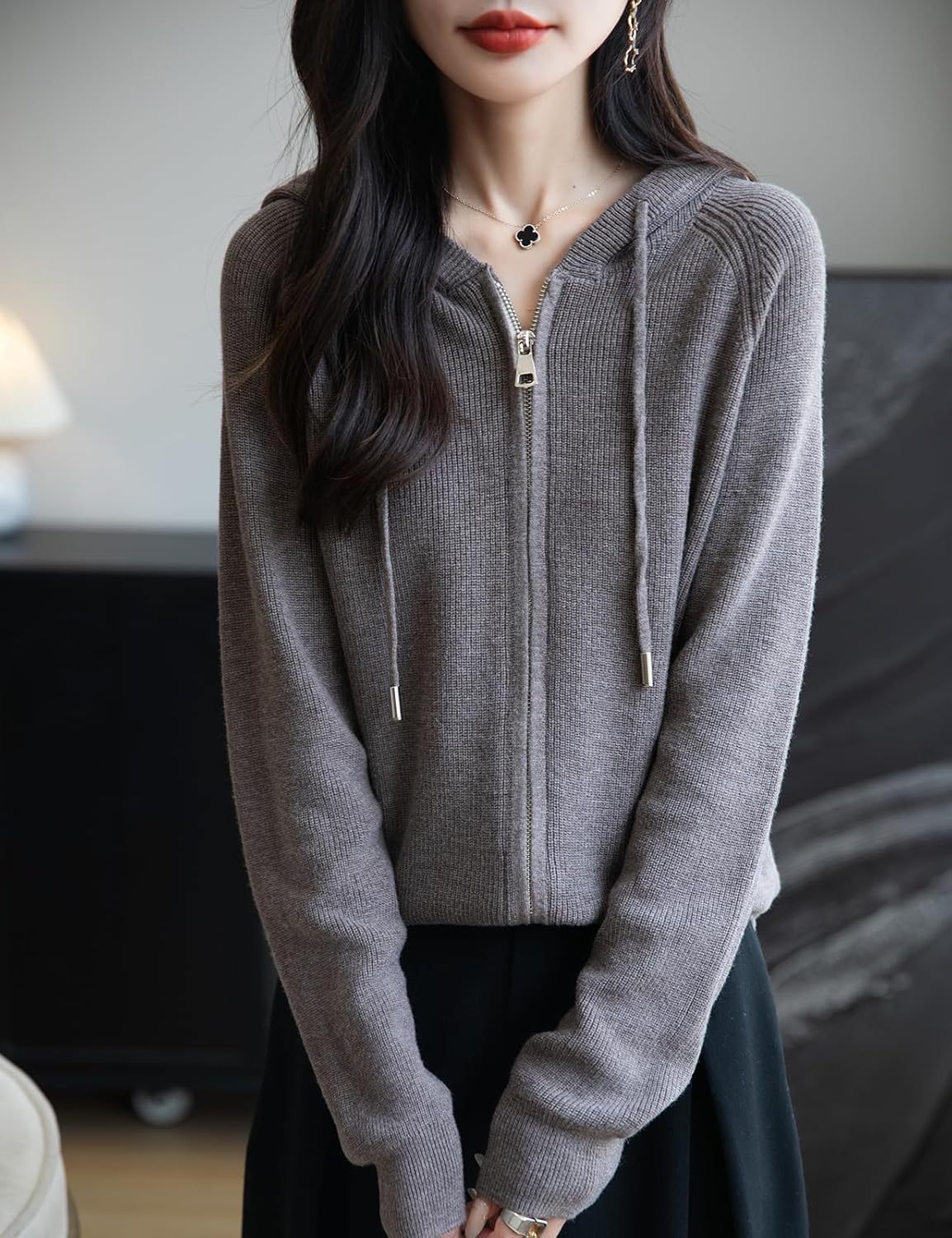 Women's Merino Wool Blend Cardigan 2025 Fall Winter Casual Zipper Sweatshirt Long Sleeve Ribbed Knit Hooded Cardigan - Image 6