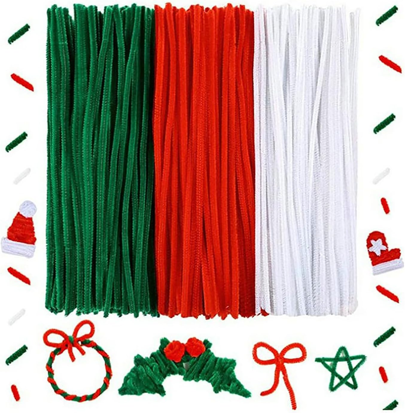 300 Pieces Pipe Cleaner Craft Christmas Colors,Thick Fuzzy Chenille Stems