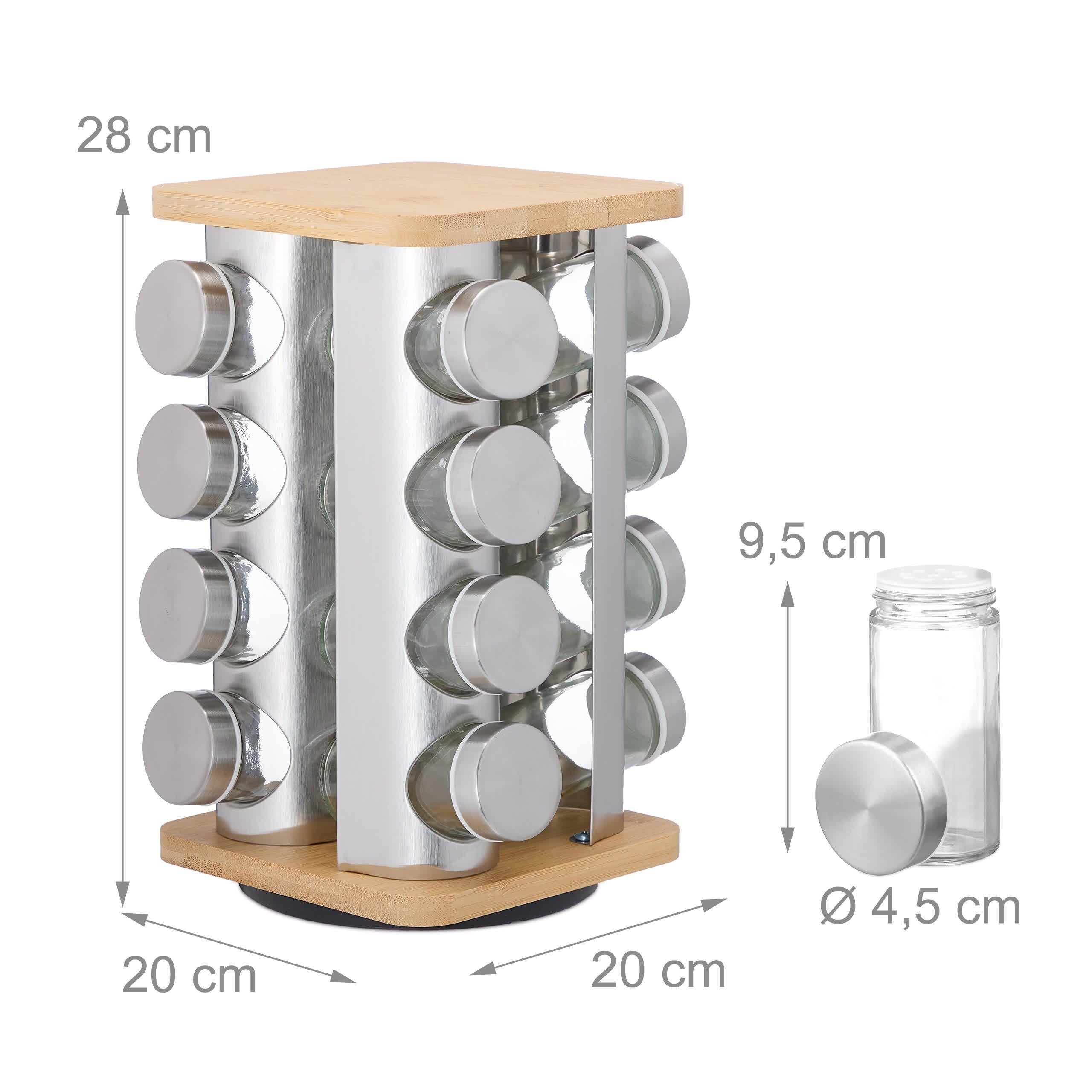 Relaxdays Especiero Giratorio con 16 Botes Especias, Gira 360°, Acero, Bambú, Cristal, 28x20x20 cm, Plateado/Natural