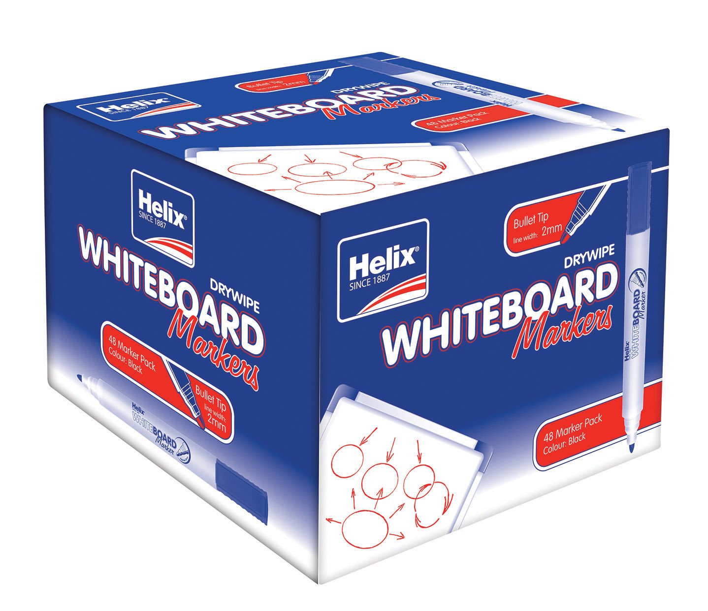 Helix Bullet Tip Whiteboard Dry Wipe Marker Pens - Black (Pack of 48)