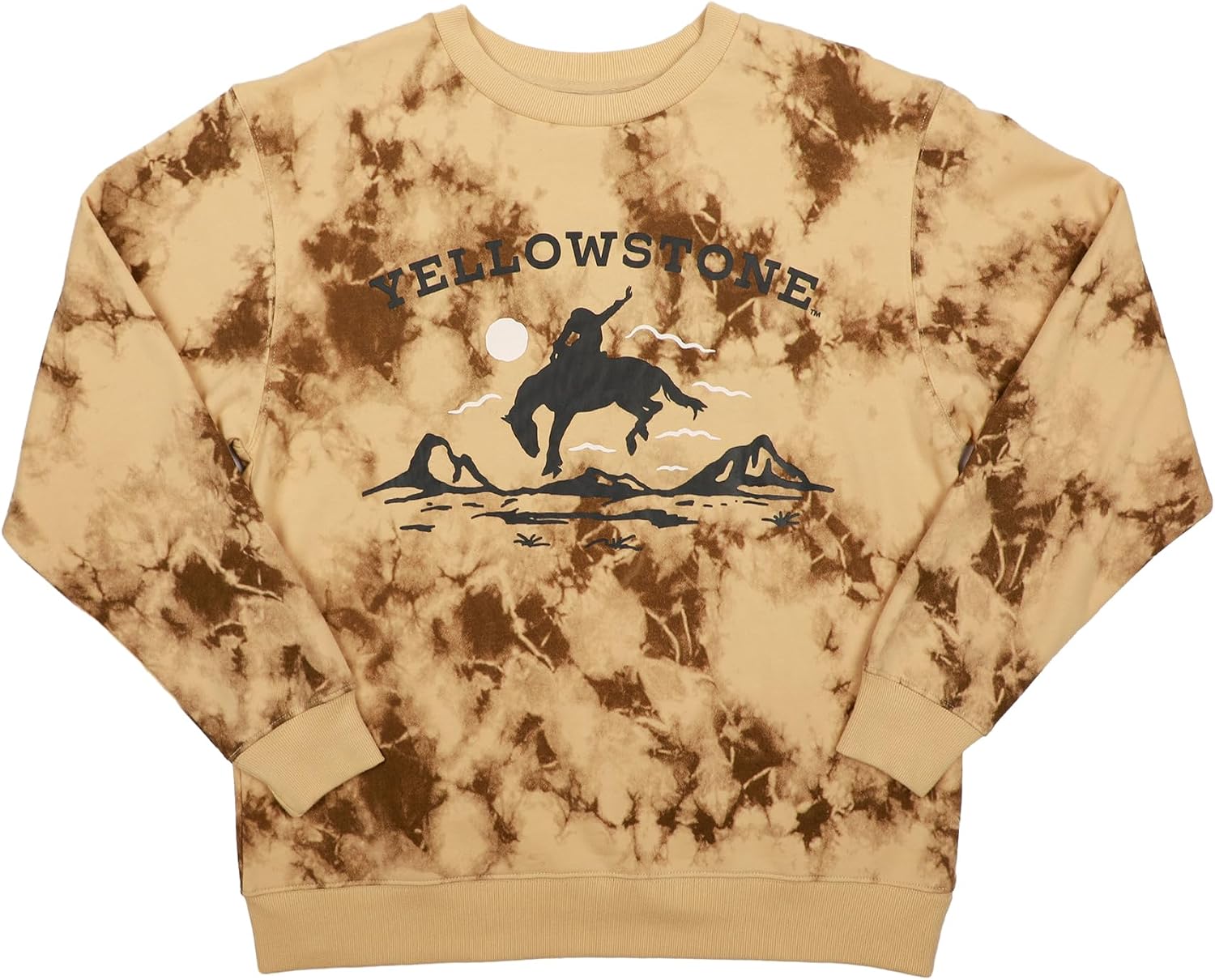 Bioworld Yellowstone Bucking Horse Logo Crew Neck Short Sleeve Tan Faux Wash Women's Oversized Pullover Sweatshirt