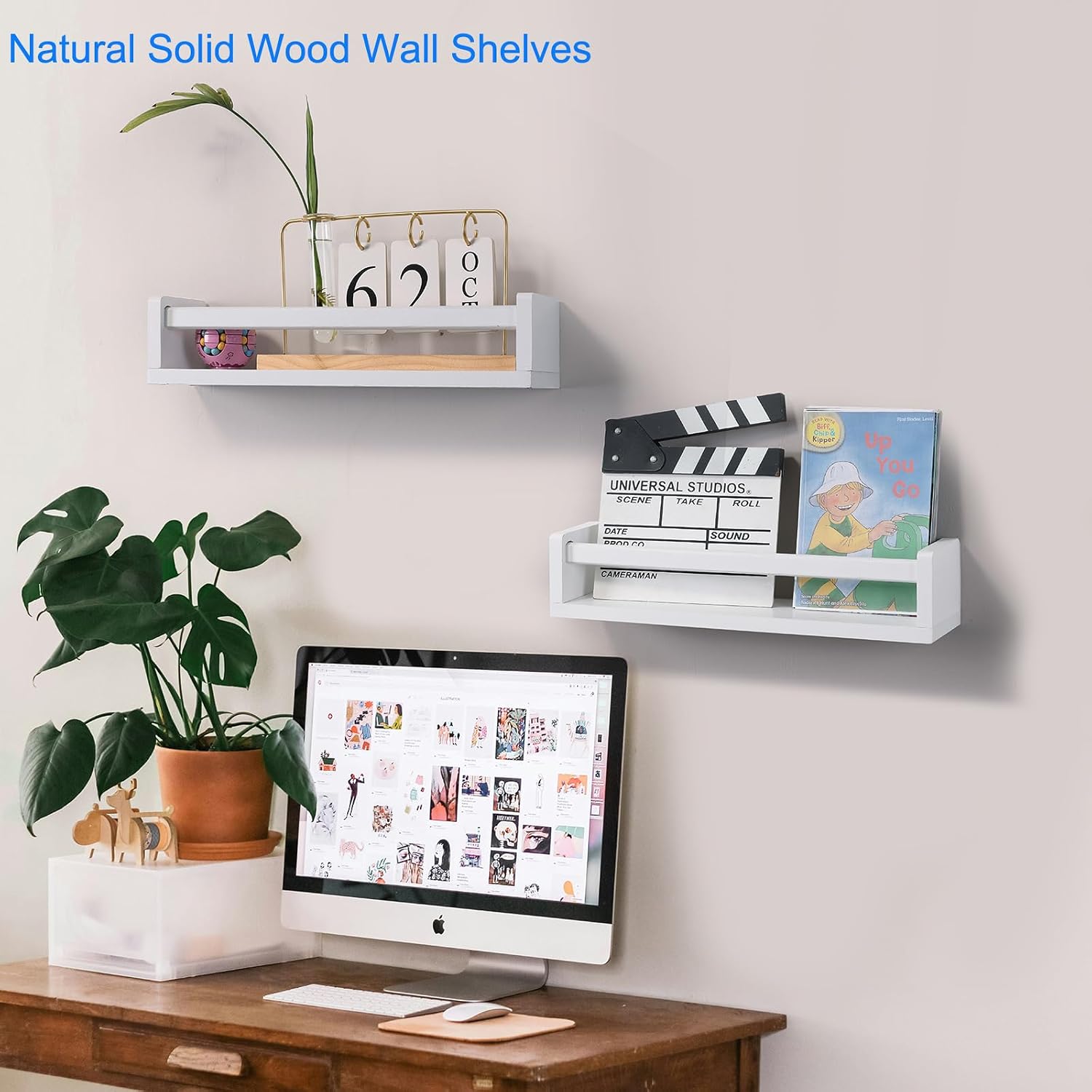 JORIKCHUO Nursery Book Shelves, Set of 2 Wood Floating Book Shelves for Kids Room, Kitchen Spice Rack, or Rustic Wall Mounted Shelves for Farmhouse Bathroom Décor (White) image 2