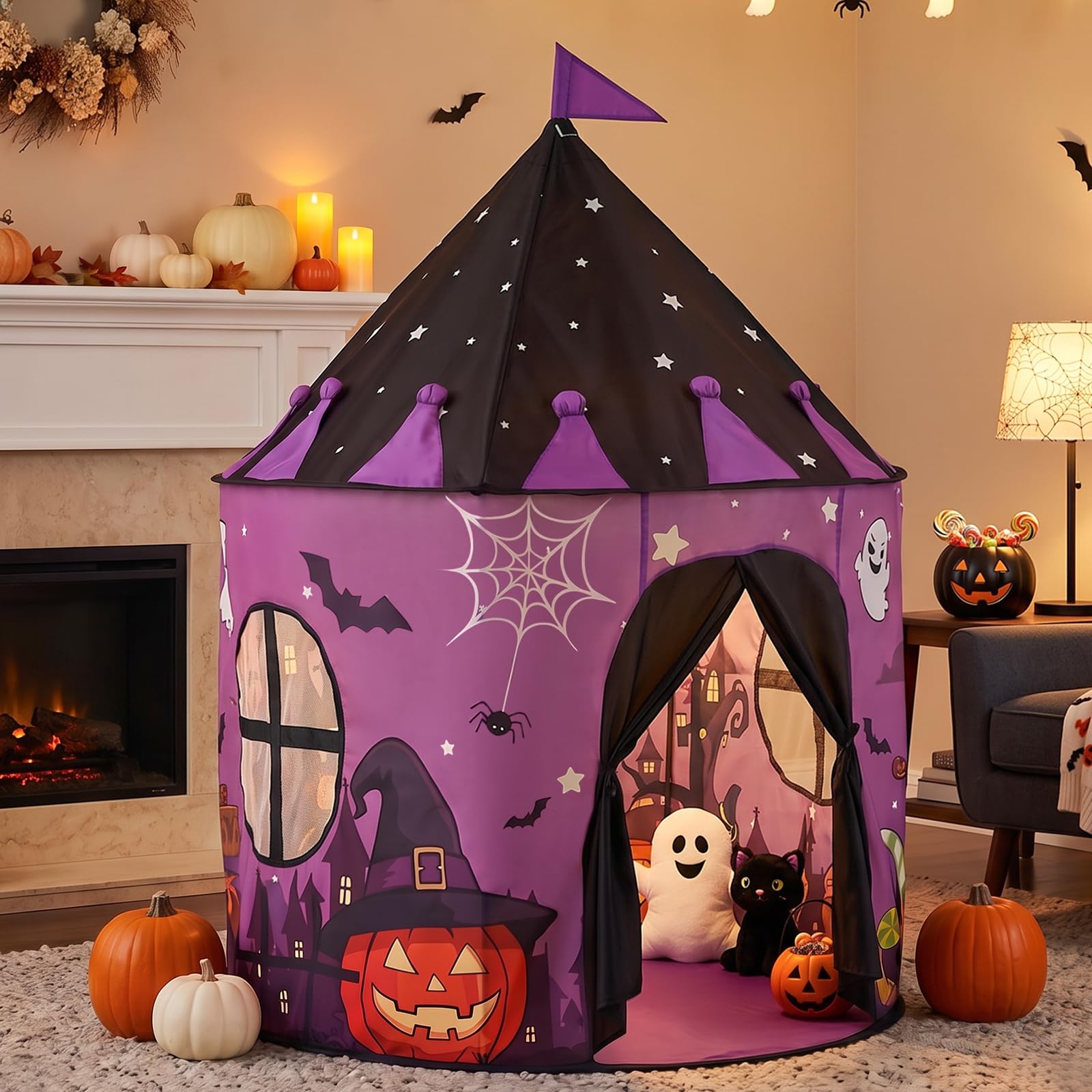 Halloween Play Tent for Kids, Cartoon Spooky Castle Pop Up Tent