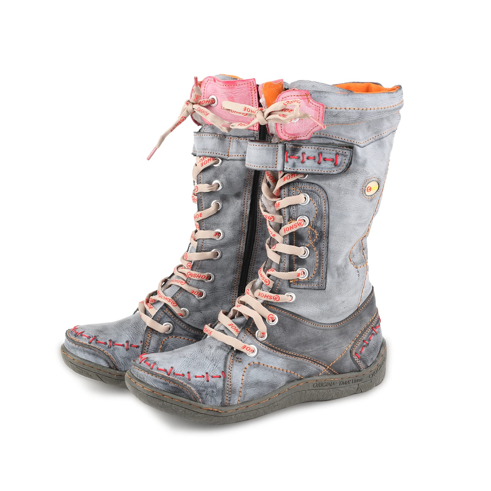 TMA EYES Botas de invierno para mujeres con suela plana, botas de nieve forradas de piel