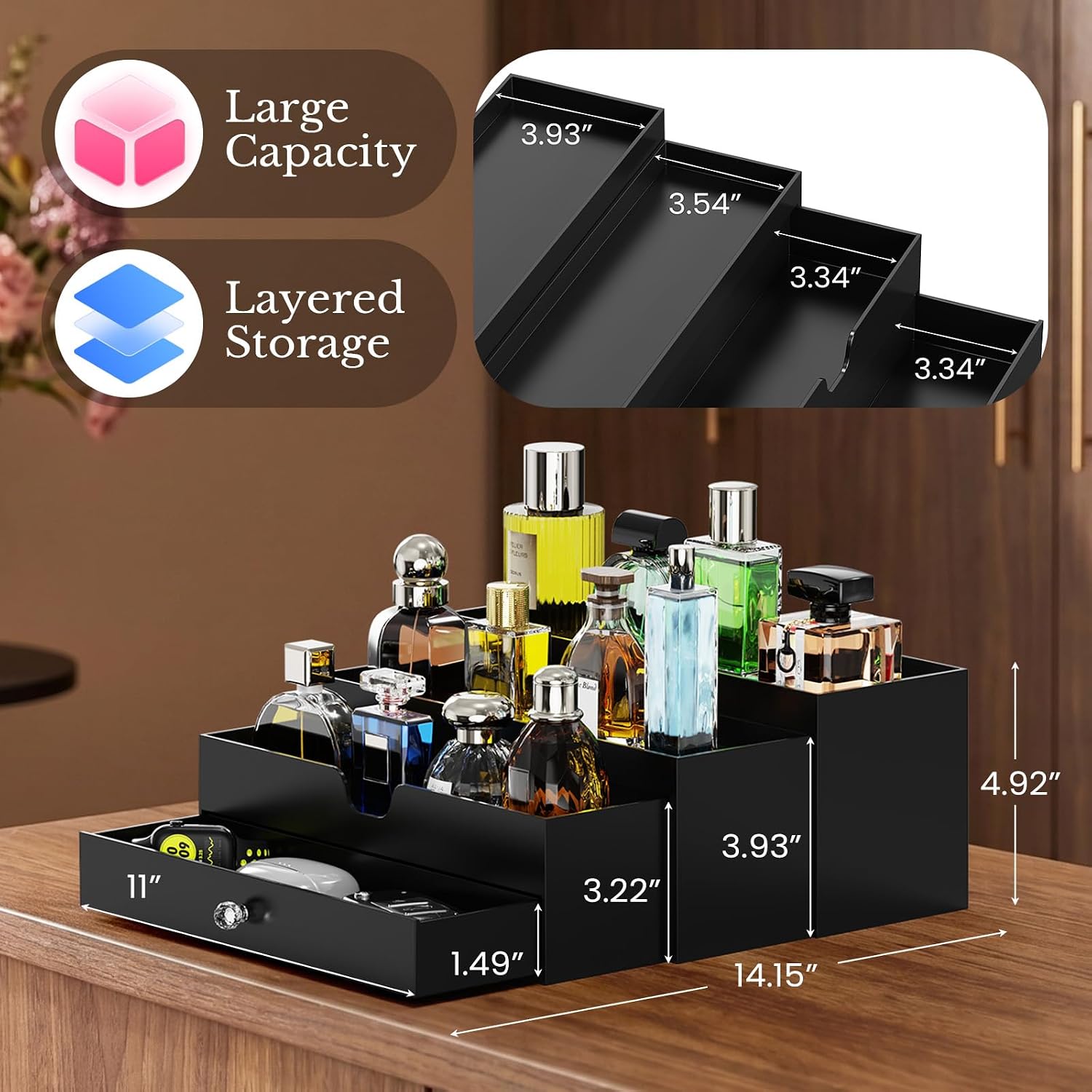 Cologne Organizer for Men, 3 Tier Perfume Organizer with Drawer (Black)