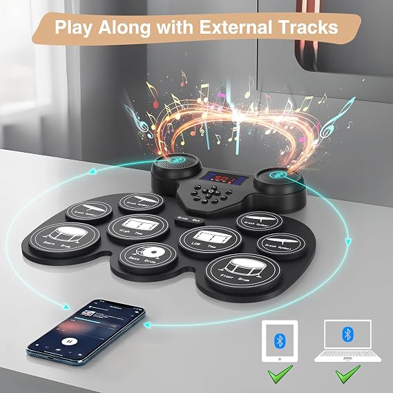 Electric Drum Set with 7 Colorful LED Light Patterns, Enhanced Rebound Feel Electronic Drum Kit Featuring 9 Pads, Bluetooth MIDI, and Dual Speakers, for Kids and Adult Beginners