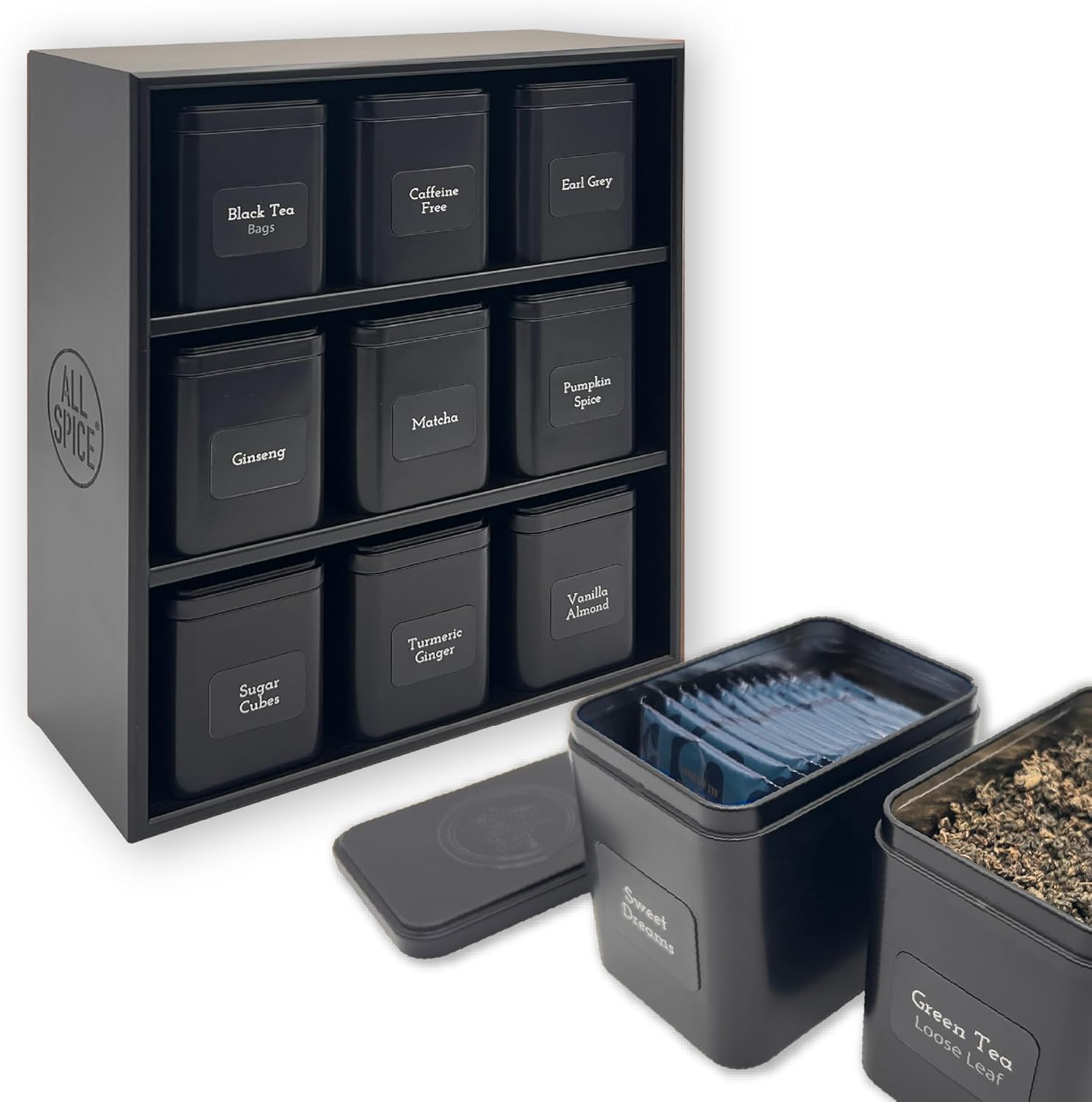 Product image of AllSpice Tea Organizer Rack with 9 Tins & 160 Magnetic Labels – Perfect for Bagged & Loose Leaf Tea Organization - Black