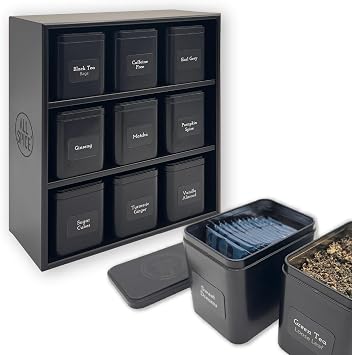 AllSpice Tea Organizer Rack with 9 Tins & 160 Magnetic Labels Perfect for Bagged & Loose Leaf Tea Organization - Black