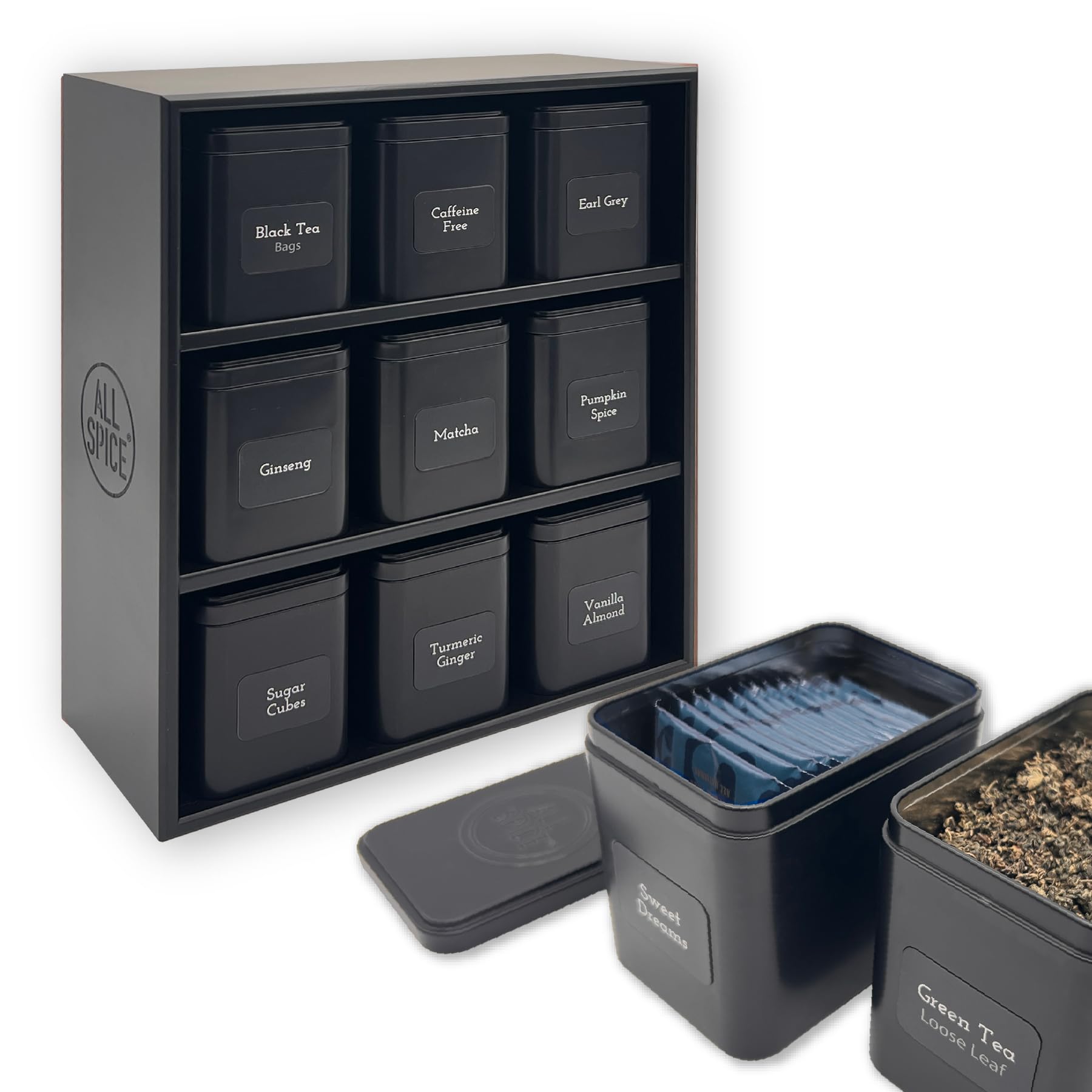 AllSpice Tea Organizer Rack with 9 Tins & 160 Magnetic Labels – Perfect for Bagged & Loose Leaf Tea Organization - Black