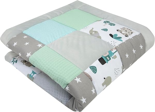 Medi Partners Tapis d'éveil Bebe de sol Motricité bébé parc Enfant jeux 120x120cm - 100% Coton Couverture Naissance pliable Multifonctionnel Mat Épais Doux Eveil Oeko-Tex (Zoo de la menthe) - 1