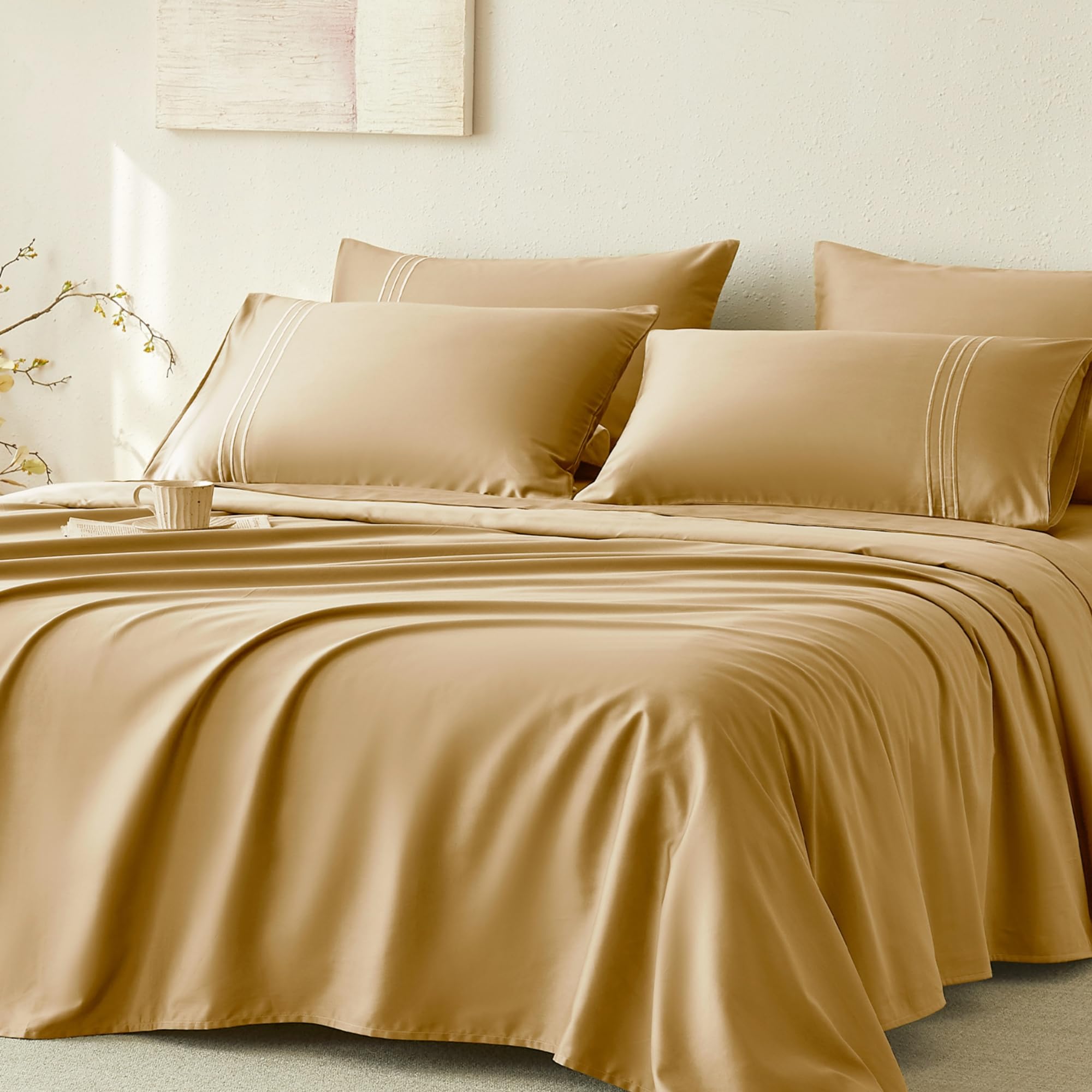 JELLYMONI Queen Sheet Sets Gold - 400 Thread Count 100% Cotton Sheets, 4 Pieces Silkly Sateen Cotton Sheet Set, Wrinkle Free Hotel Luxury Bedding