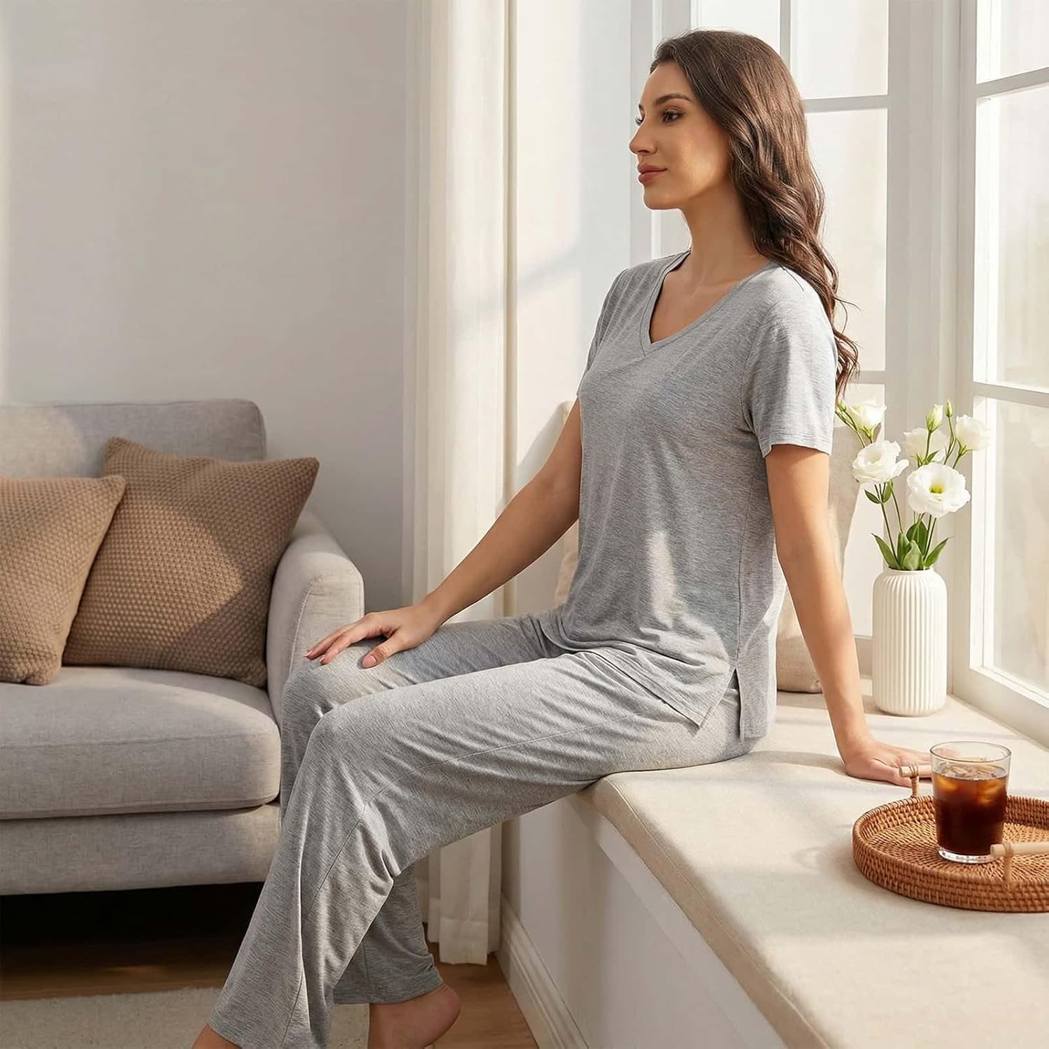 Viscose from Bamboo Pajama Top for Women Cooling V-Neck Sleep Shirt Lightweight Short Sleeve Lounge Tee - Image 4