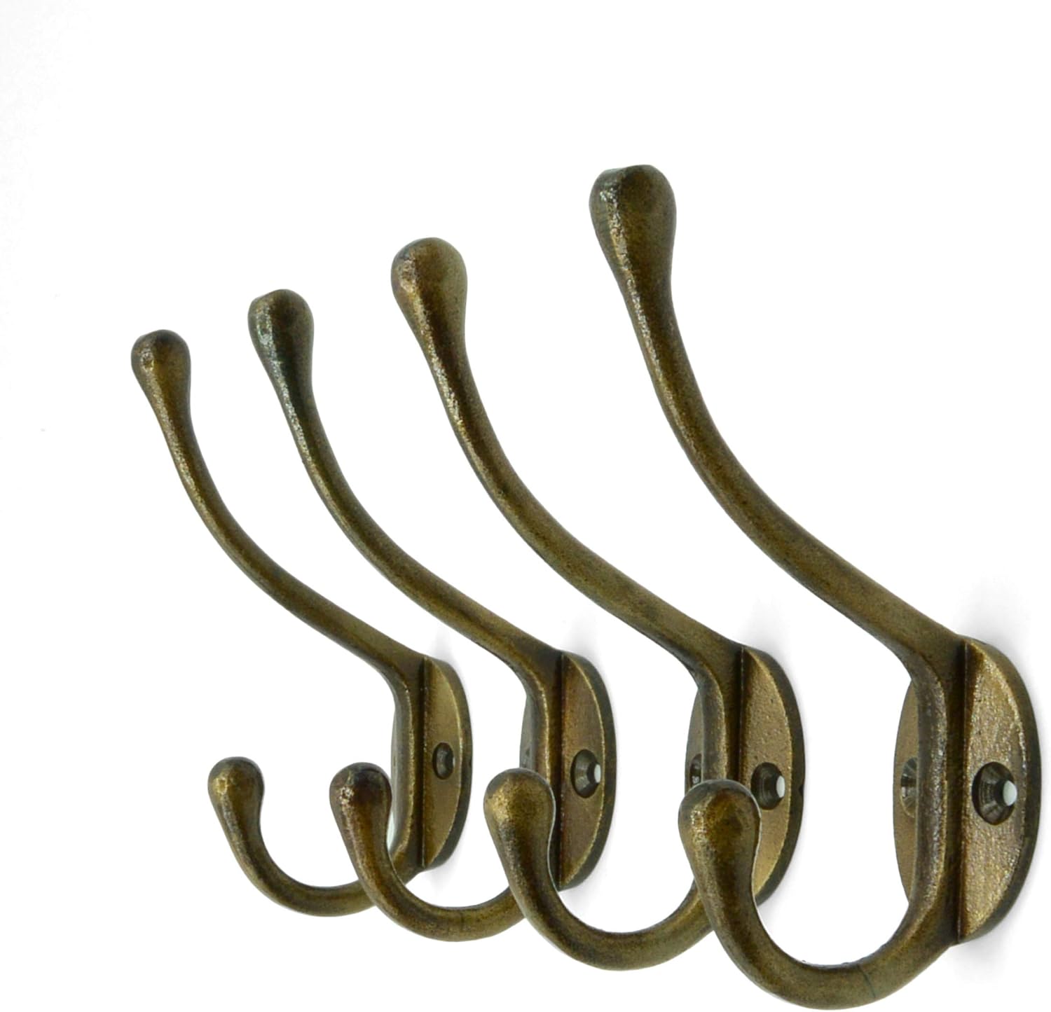 CRAFTSMAN ROAD Vintage Cast Iron Wall Hooks (Antique Brass Finish, Set of 4) - Rustic, Farmhouse Coat Hooks | Coats, Bags, Towels, Hats | Classic Slender