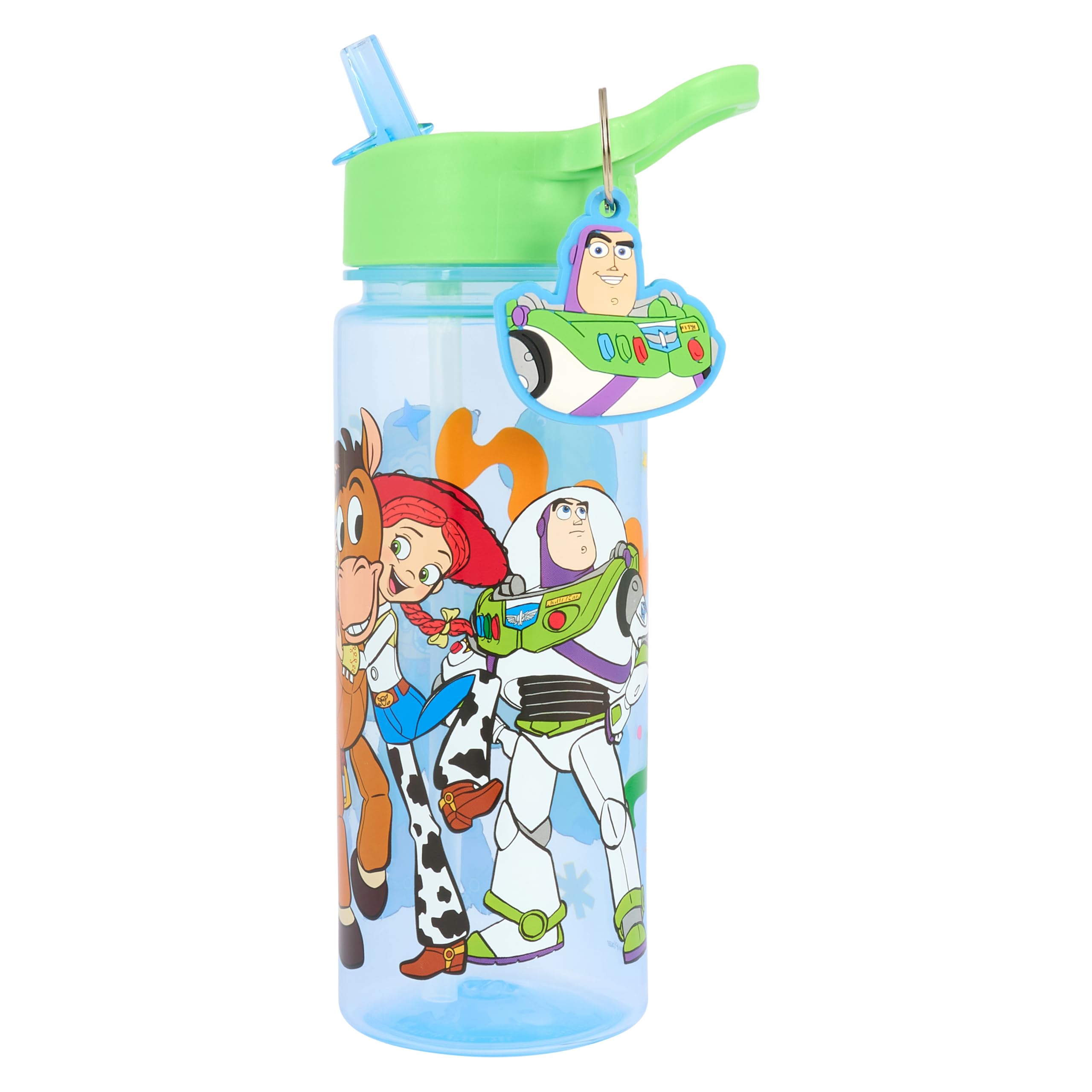 Disney Toy Story Water Bottle with Straw, 500ml Polypropylene, Blue, Buzz Lightyear Keyring Charm, Featuring Woody, Rex, Jessie, Bullseye Characters