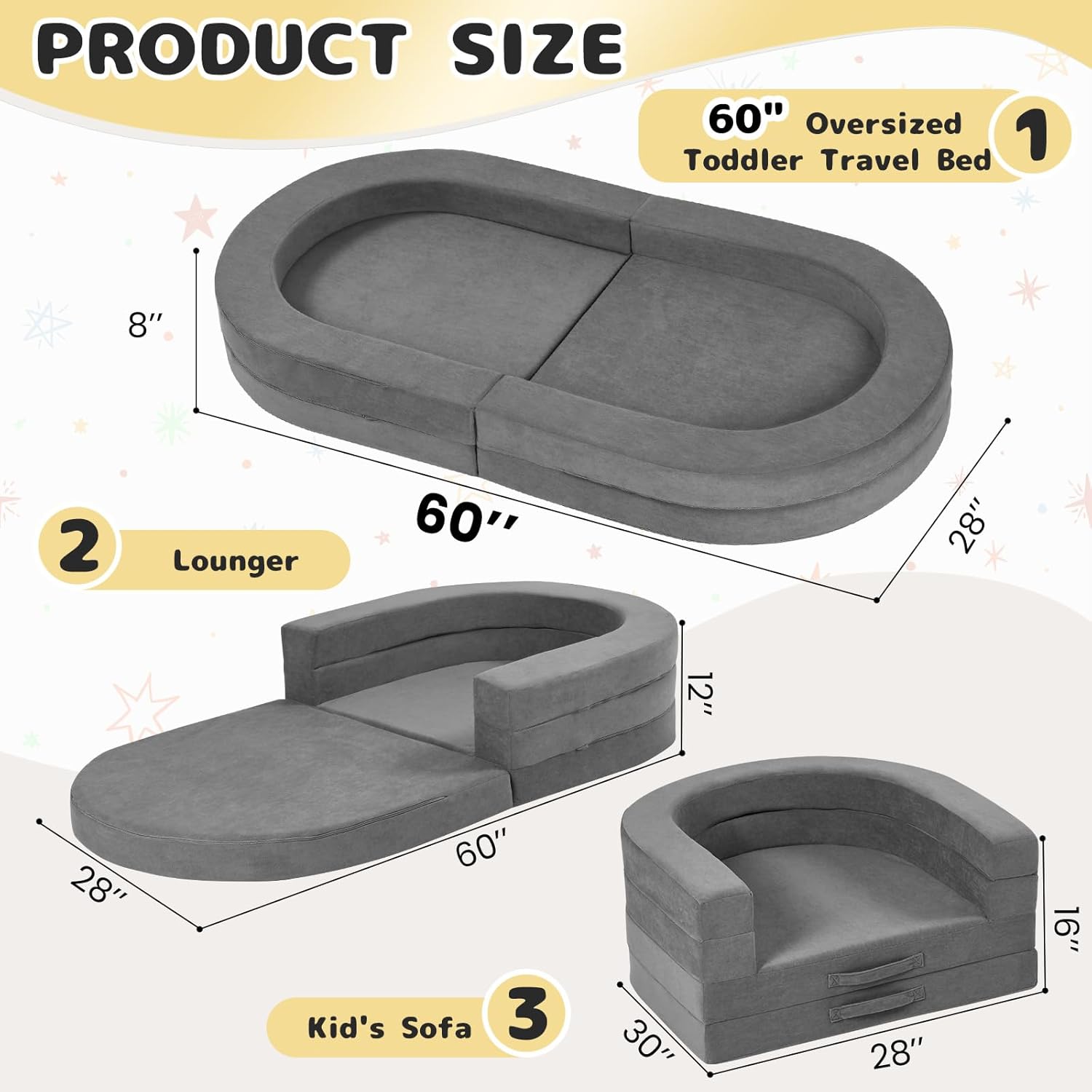 60” Travel Toddler Bed,Portable Foldable Toddler Chair,3-in-1 Soft Foam Floor Bed Lounge,Oversized Kids Travel Bed No Assembly,Grey