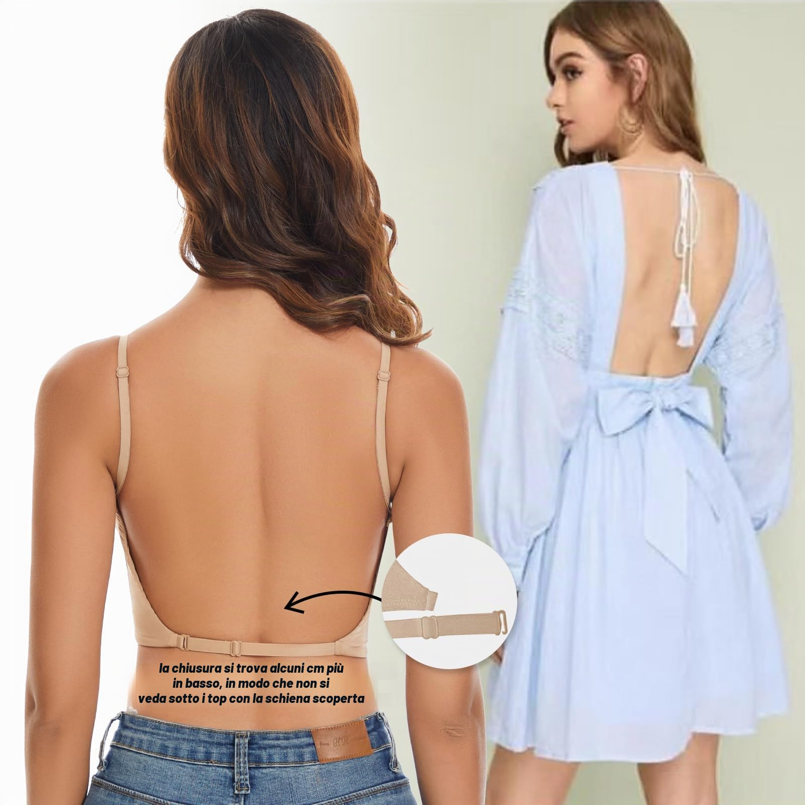 Reggiseno con schiena bassa da donna, push-up, scollo a V profondo, reggiseno senza schiena profonda, spalline multiway, reggiseno convertibile, reggiseno sollevamento filo
