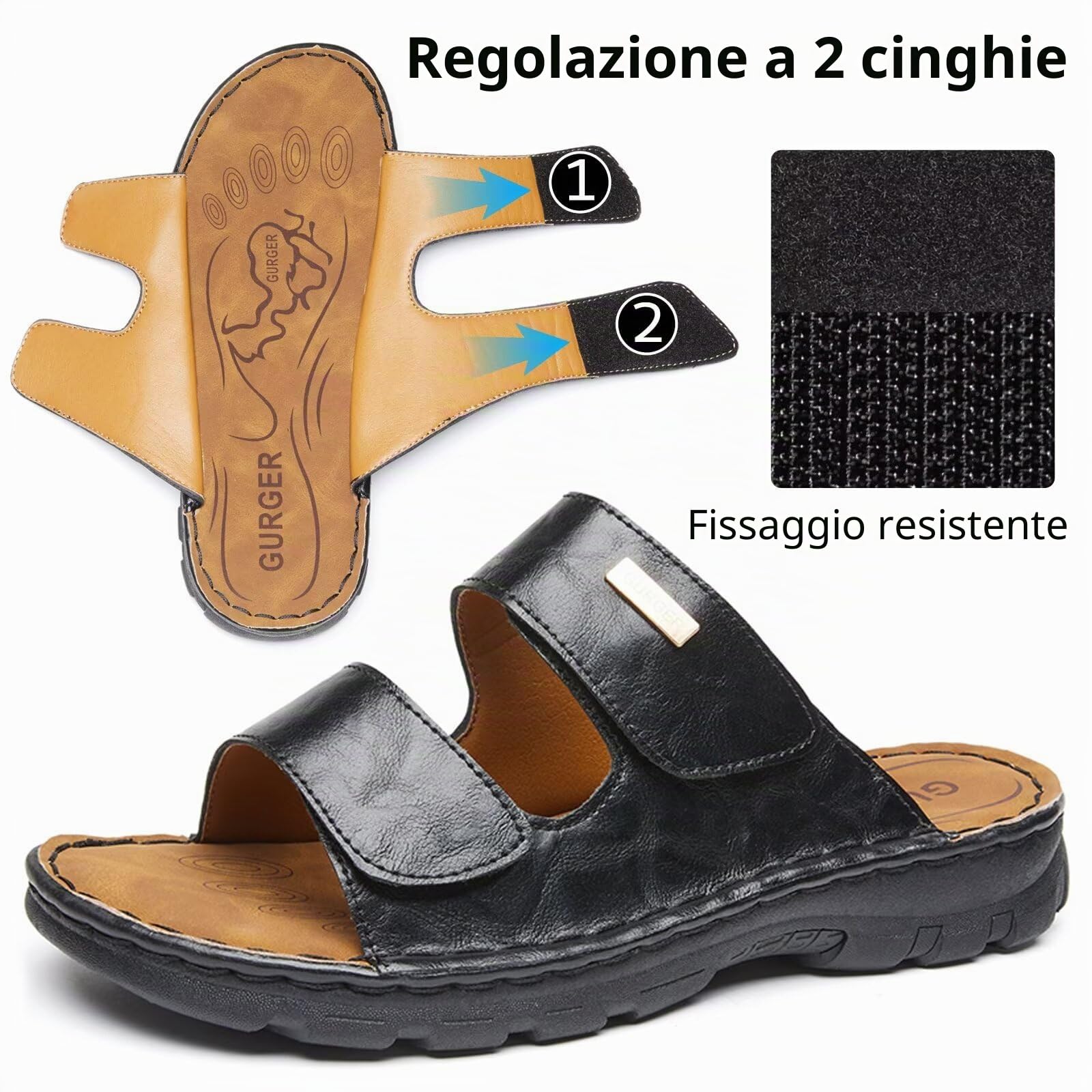 Sandali Uomo Pelle con Doppio Strappo Regolabile, Ciabatte Uomo Estive Aperte, Scarpe Comode Antiscivolo per Casa, Spiaggia, Vacanze e Tempo Libero