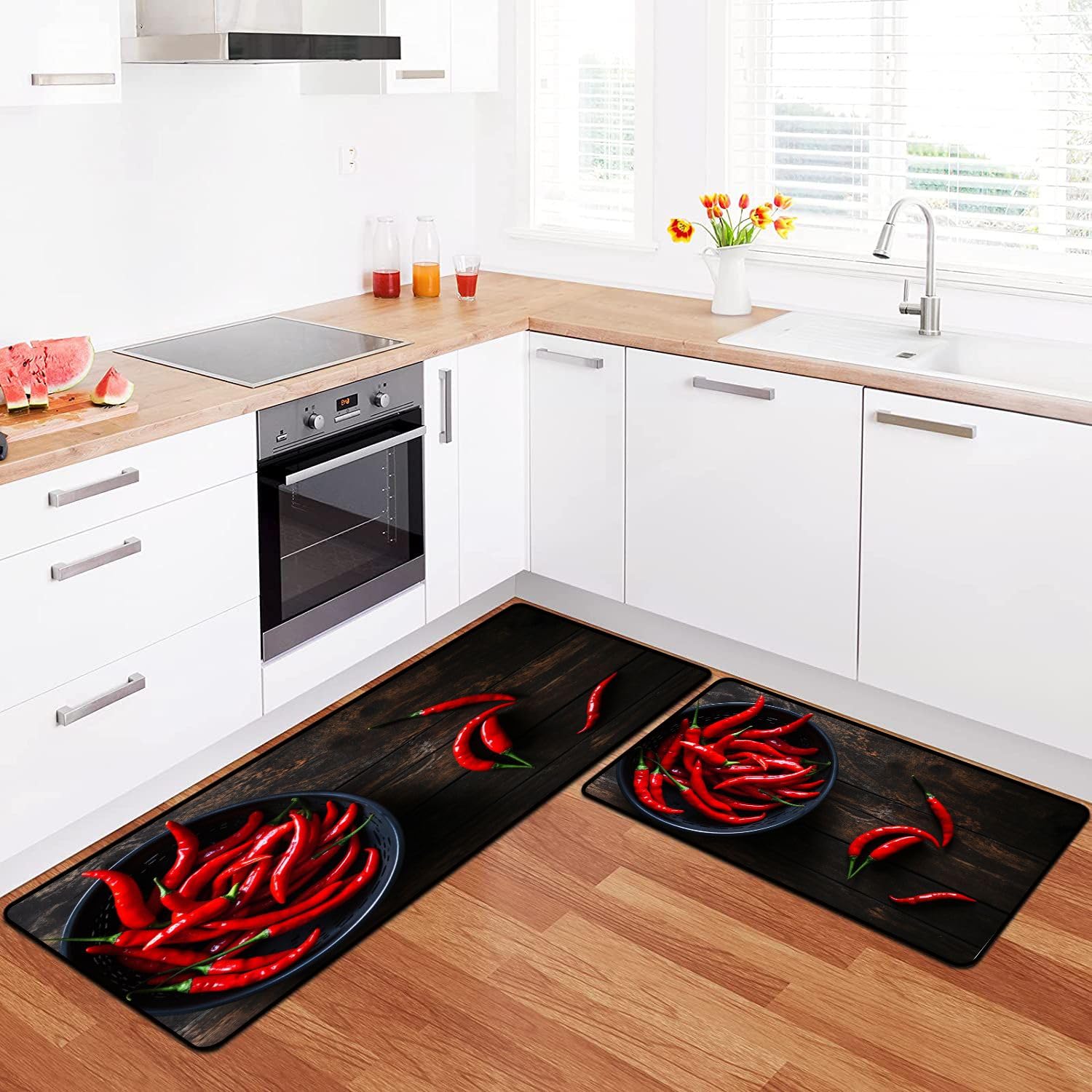 Kitchen Rugs Set Red Chili Peppers Shot from Above on Rustic Wooden Table Kitchen Mat for Floor Non-Slip Washable Kitchen Runner Doormat Bath Rug