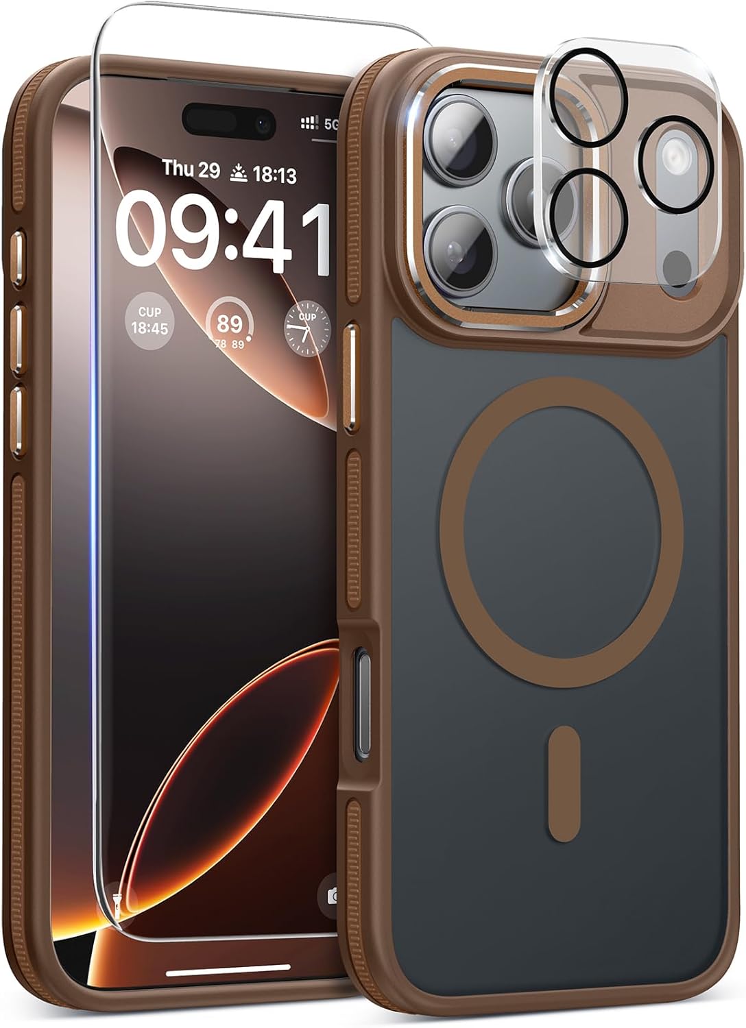 Magnetic 3 in 1 for iPhone 17 Pro Case, [Omni-Directional Protection] with 1x Screen Protector   1x Camera Cover, [Seamless Work with Magsafe] Shockproof Slim Thin Matte Case for iPhone 17 Pro Brown