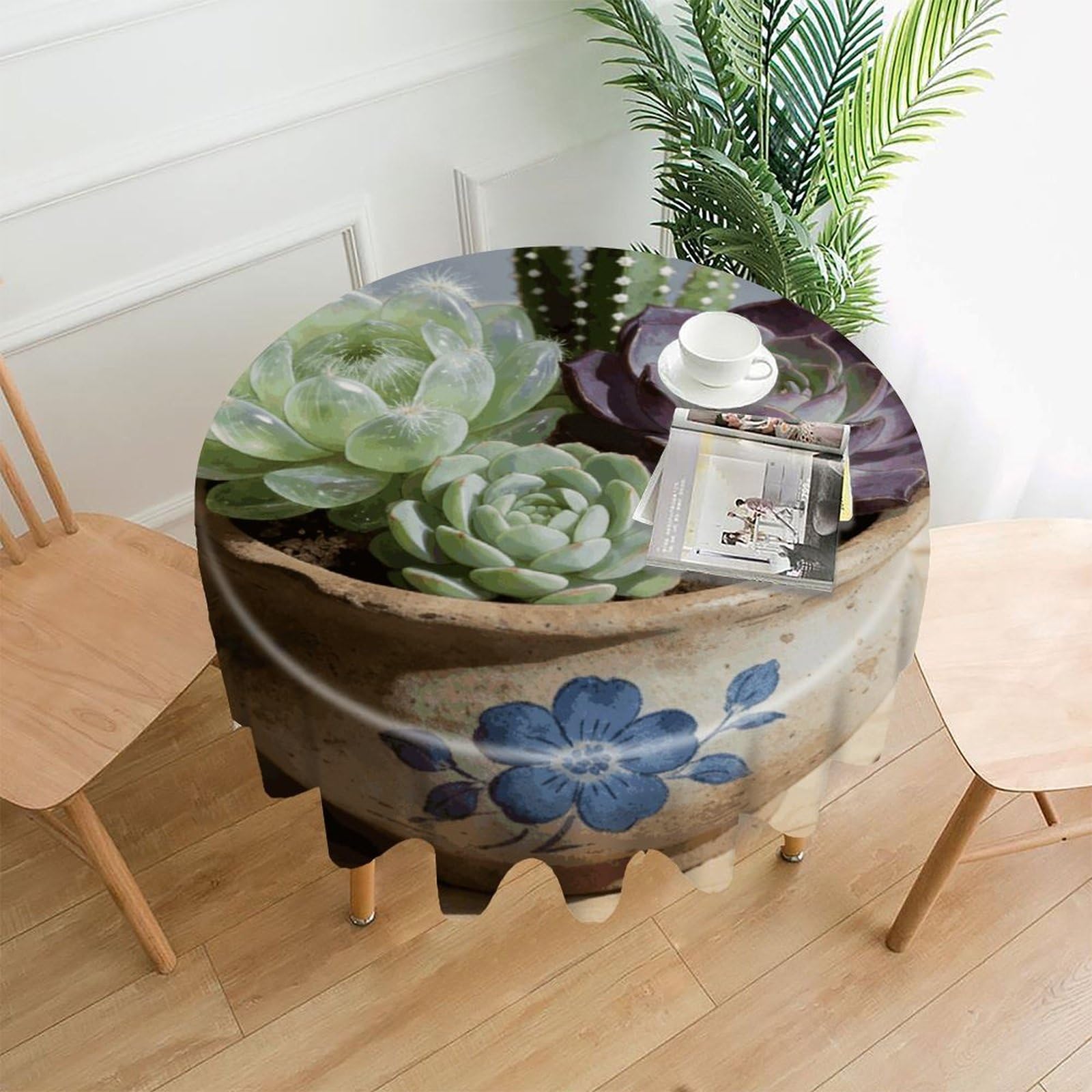 LZQPOEAS Succulent Tablecloth Easy to Clean Polyester Round Table Cover Washable Round Table Cloth Wrinkle-Free Circle Decoration Tablecloth for Kitchen and Dining Room 60"