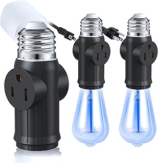 (2 Packs) Light Socket Outlet Adapter, 3-in-1 Light Socket to Plug Adapter for Expanding 3&2 Prong Sockets, E26 E27 Light Bulb Outlet Socket Adapter, Safety Performance & Professional Material