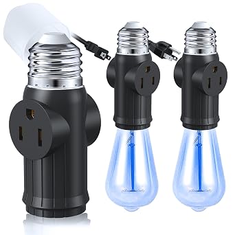 2 Packs Light Socket Outlet Adapter, 3-in-1 Light Socket to Plug Adapter for Expanding 3&2 Prong Sockets, E26 E27 Light Bulb Outlet Socket Adapter, Safety Performance & Professional Material