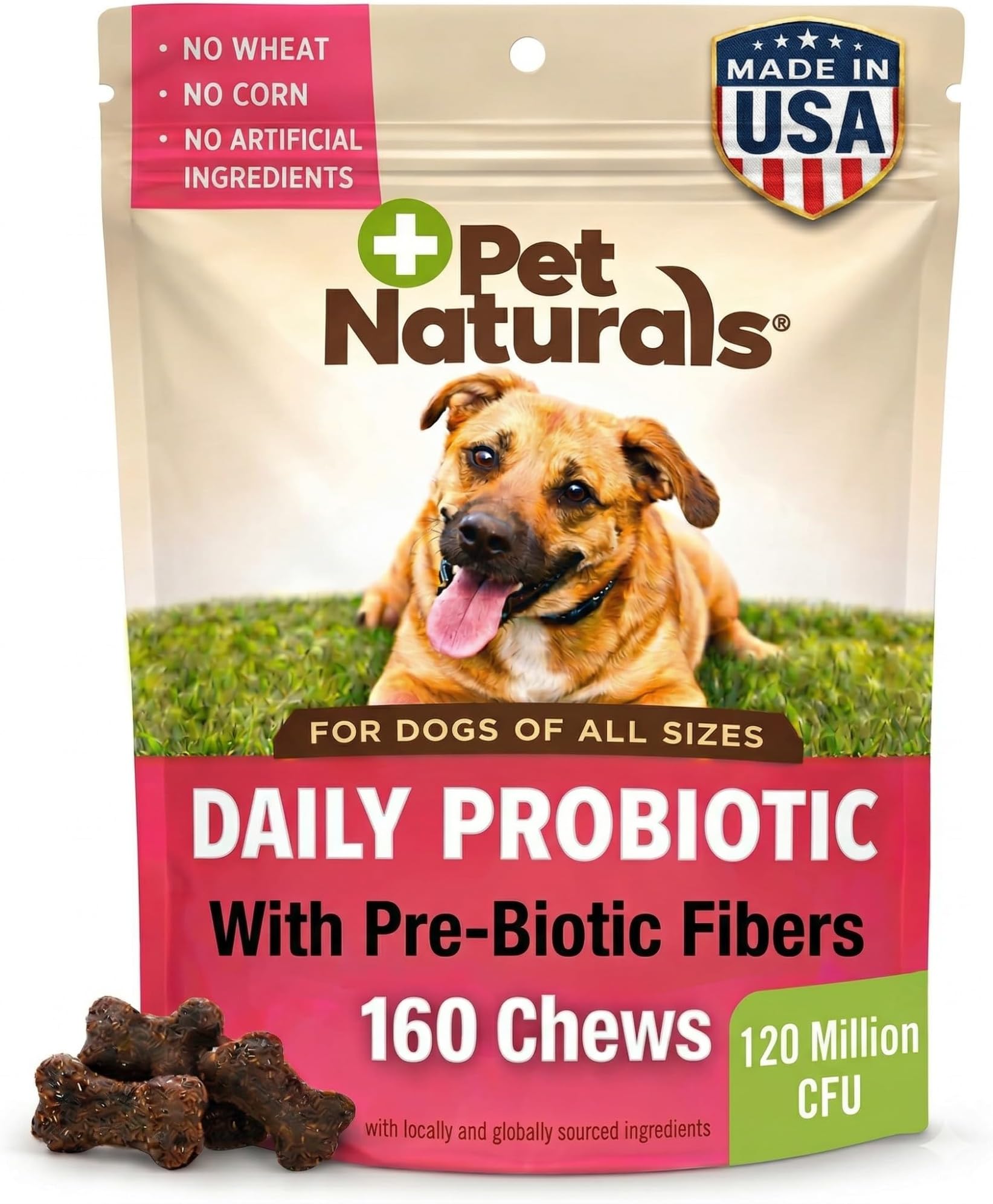Pet Naturals Daily Probiotic for Dogs, Duck Flavor, 160 Chews - 120M CFUs Pre and Probiotics for Dogs Digestive Health, Gut Health, Immune Support, Diarrhea, Allergies and Itching
