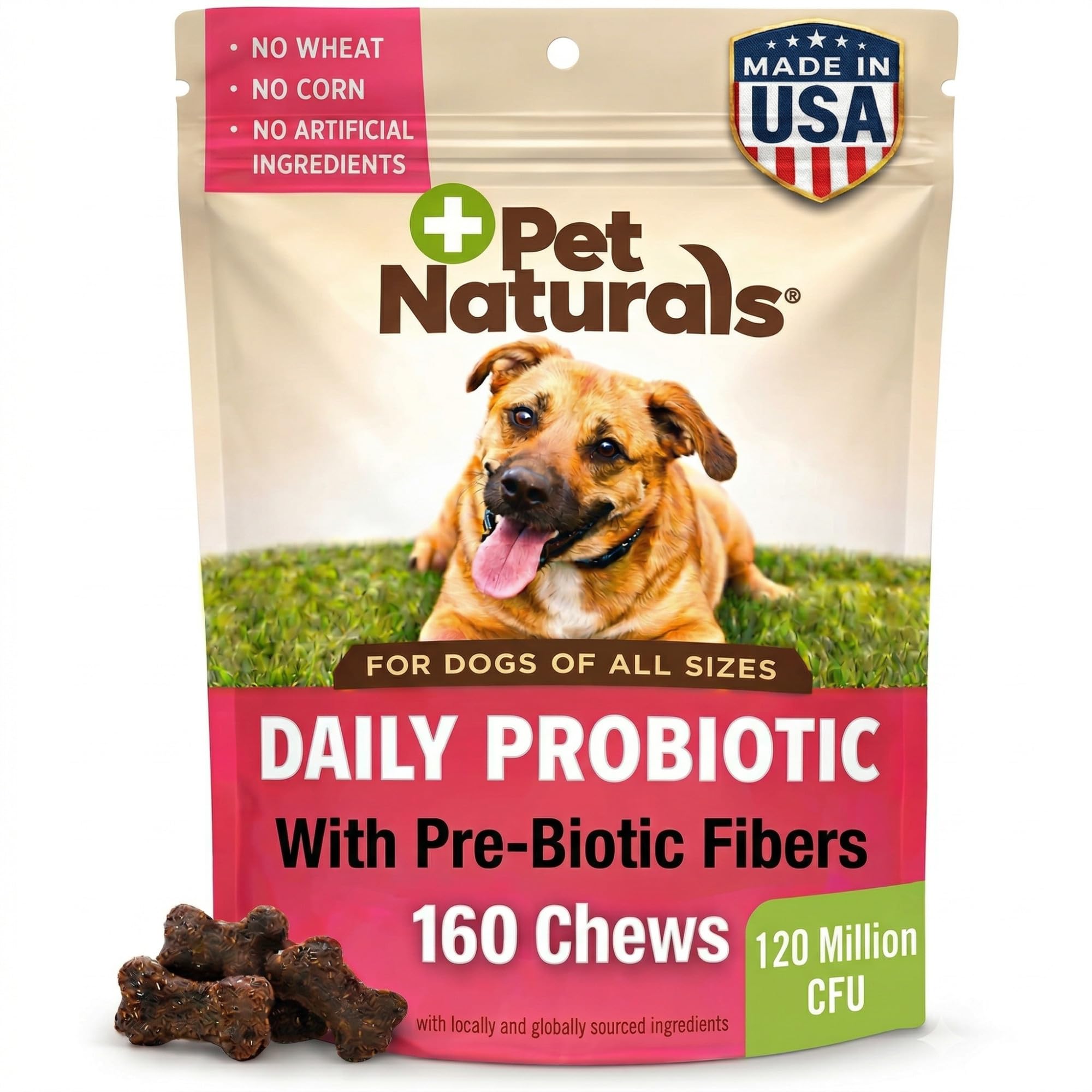 Pet Naturals Probiotiques Quotidiens pour Chiens, saveur Canard, 160 friandises à mâcher – 120 M UFC pré-et probiotiques pour la santé Digestive, la santé intestinale, Le Soutien immunitaire, la