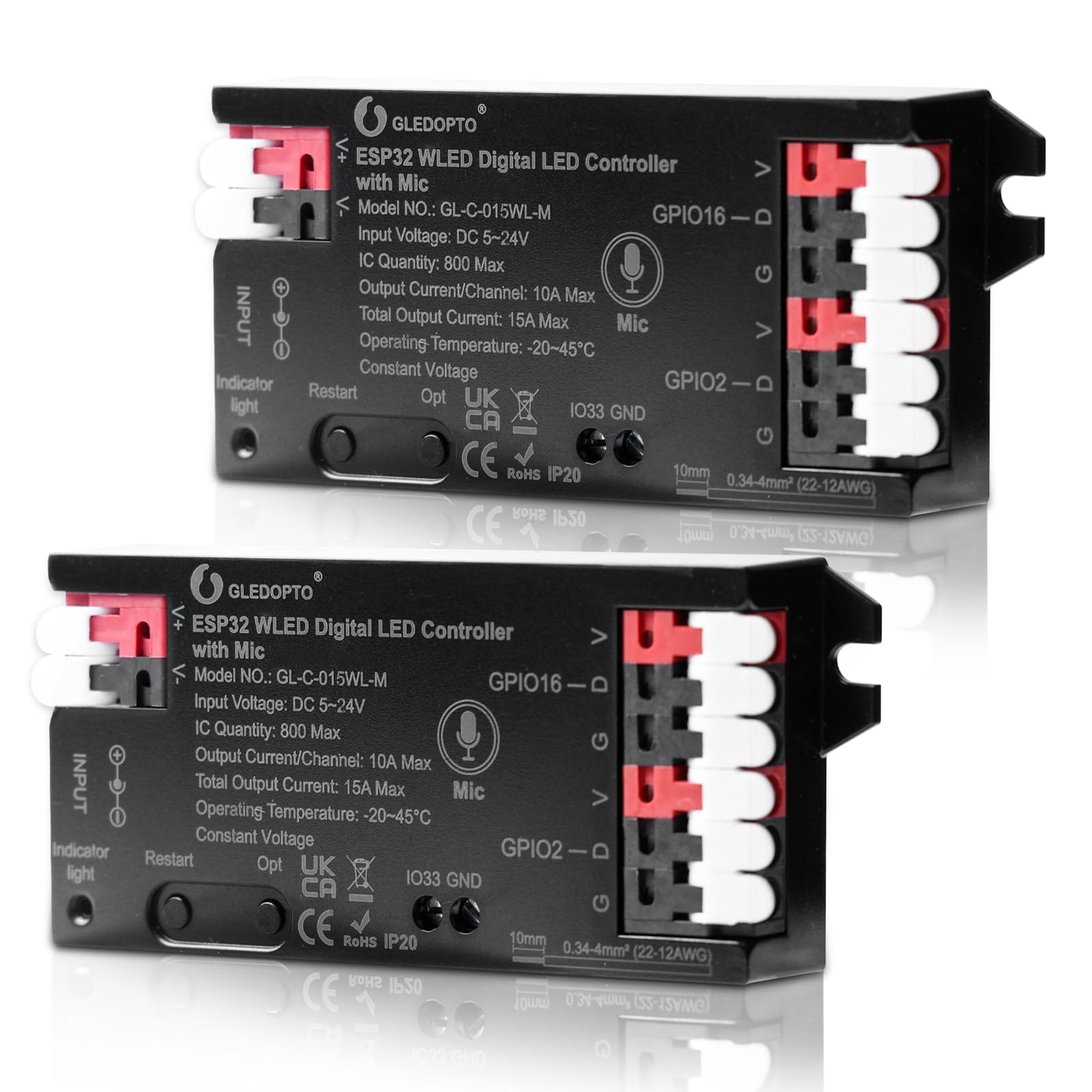 2 Stück WLED Controller mit Mikrofon, ESP32 DC 5V-24V Digital LED Strip Controller für Adressierbarer LED Streifen Digital RGB IC WS2811 WS2812B SK6812 WS2815 RGBW Addressierbarer FCOB LED-Strip