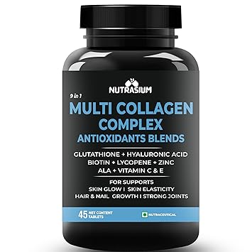 Nutrasium Multi Collagen Complex with Hyaluronic acid, Zinc, Vitamin C & E | For Skin Radiance, Soft & Firm Skin | Reduce Wrinkle | Strong Hair, Nail, Joints | 45 Tablets Chocolate Flavour - image, photos