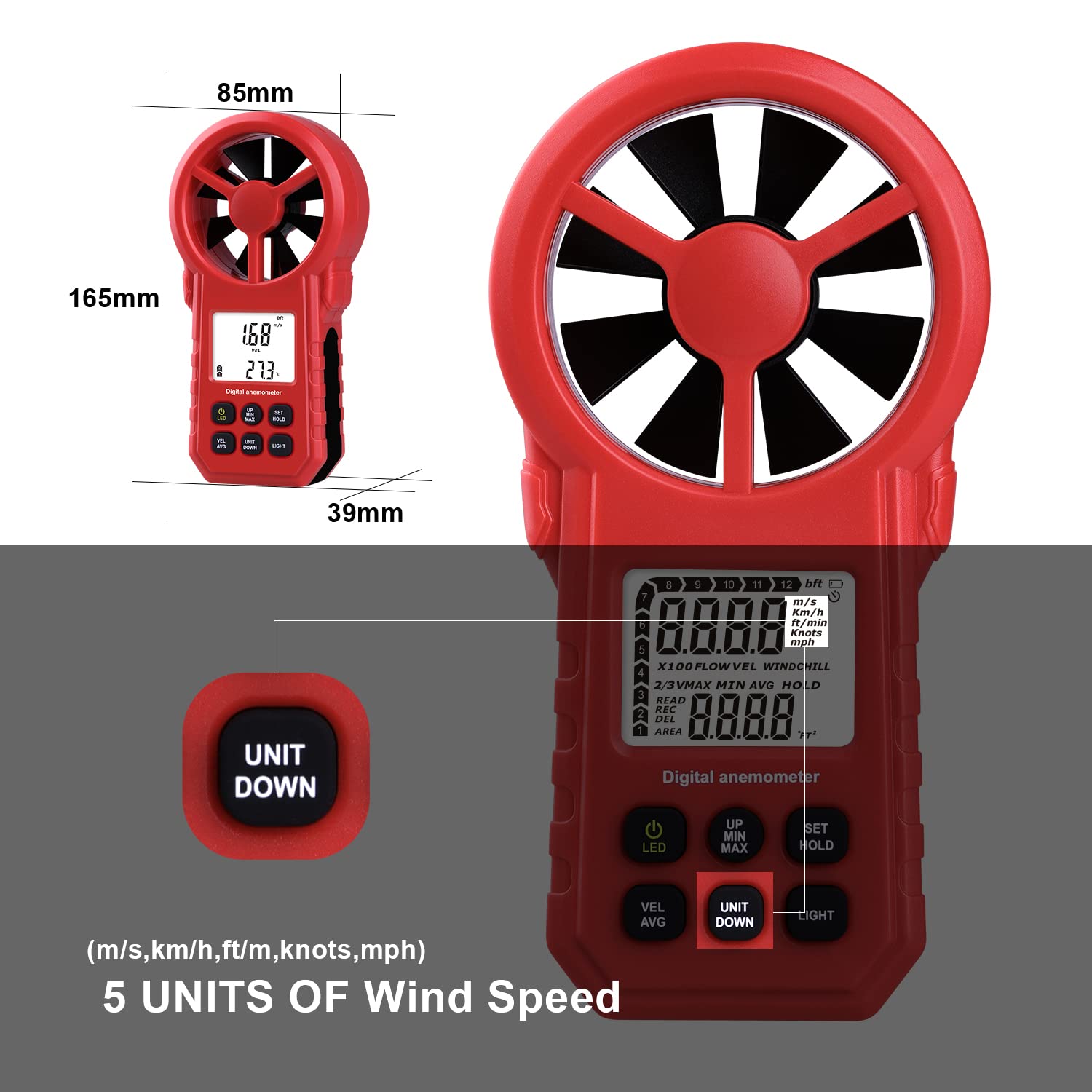 Digital Anemometer, Portable Air Flow Meter with Wind Temperature Sensor, Wind Speed Meter for HVAC Vents/Shooting/Drone, Wind Gauge Air Flow Velocity Meter-Red