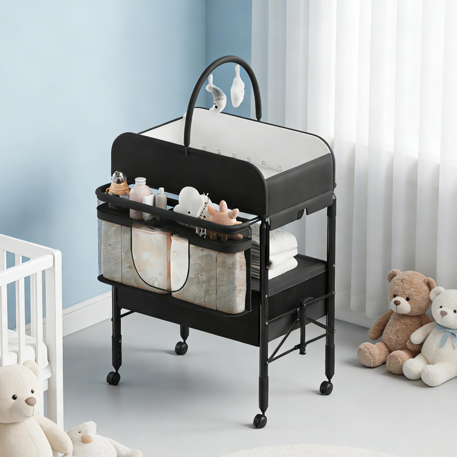 Table à Langer Pliable Bébé Avec 2 Tiroirs, Hauteur Réglable, Matelas Imperméable, Rangement Nurserie, Tringle à Vêtements Et 4 Roulettes Verrouillables, Noir