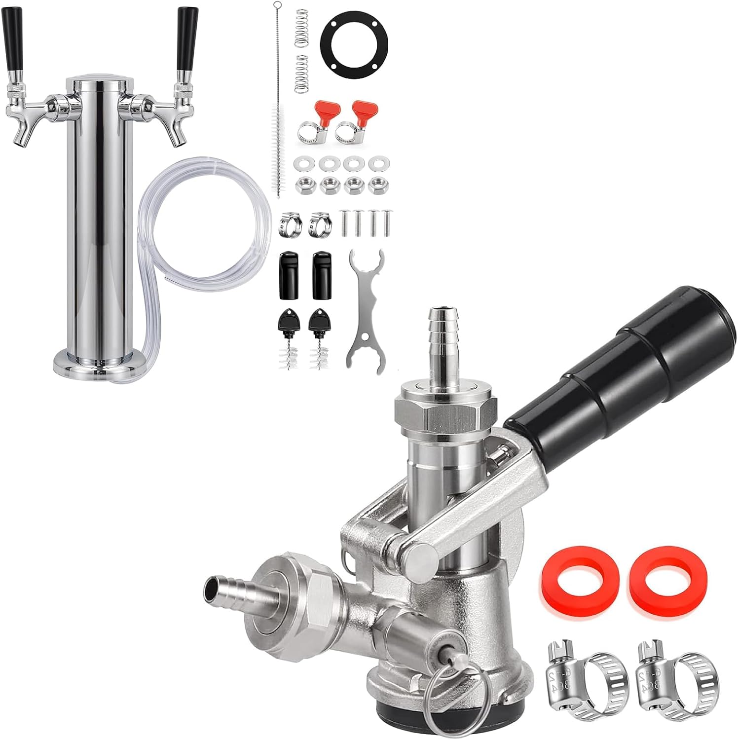 Dual Tap Kegerator Tower Dispenser and Sankey D System Keg Coupler