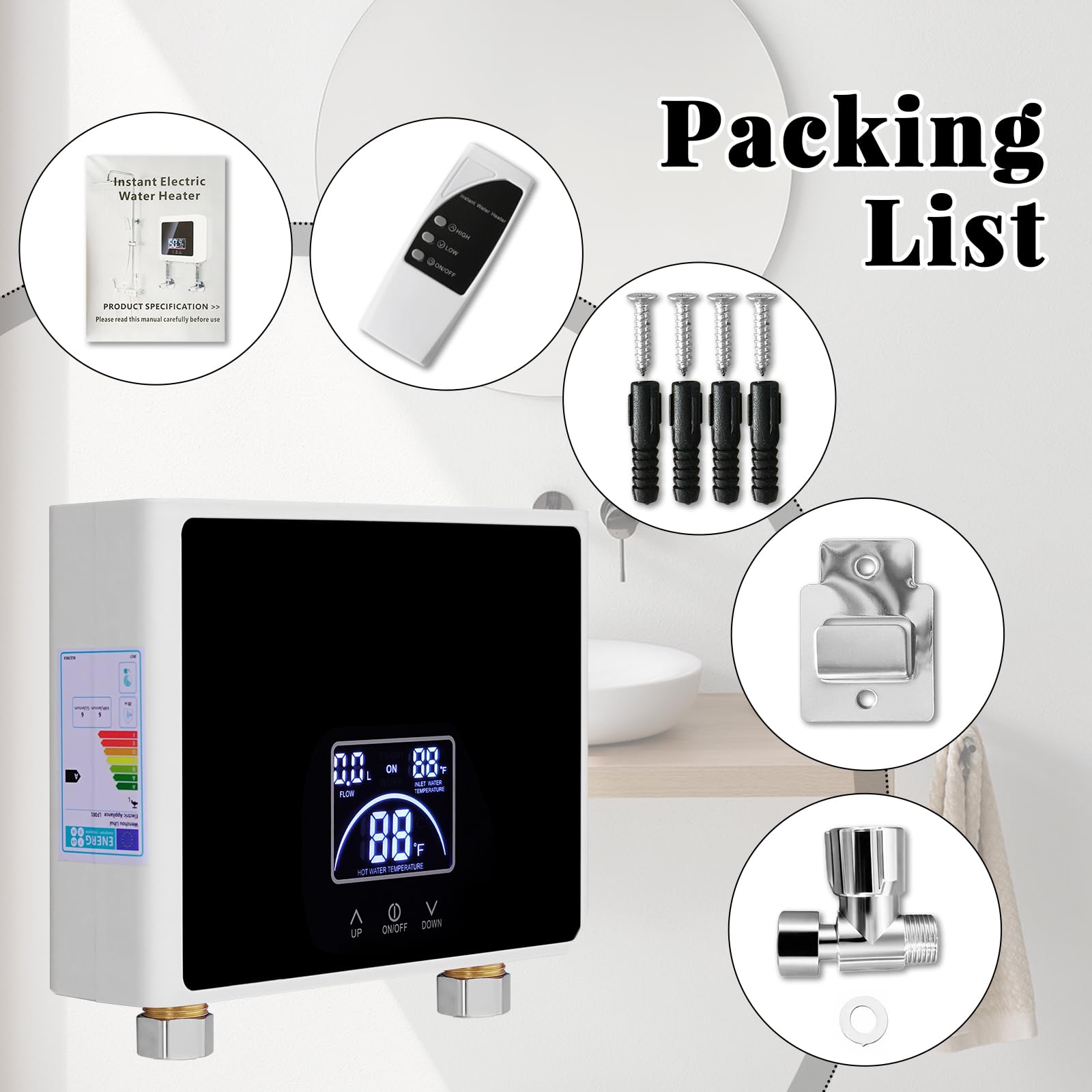 Calentador de Agua Instantáneo, 5500W Calentador Eléctrico con Pantalla LED | Mini Calentador 230V para Cocina y Ducha Baño, Sin Enchufe, Resistente a la Presión, Calentamiento Rápido, Impermeable IPX4