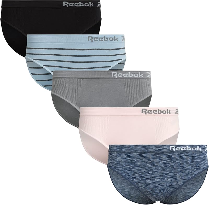 Ropa interior de bikini para mujer Reebok, paquete de 5 ropa interior suave y elástica sin costuras | Suavidad de siguiente nivel gracias al spandex de nailon transpirable, una favorecedora silueta de talle bajo que favorece las curvas naturales