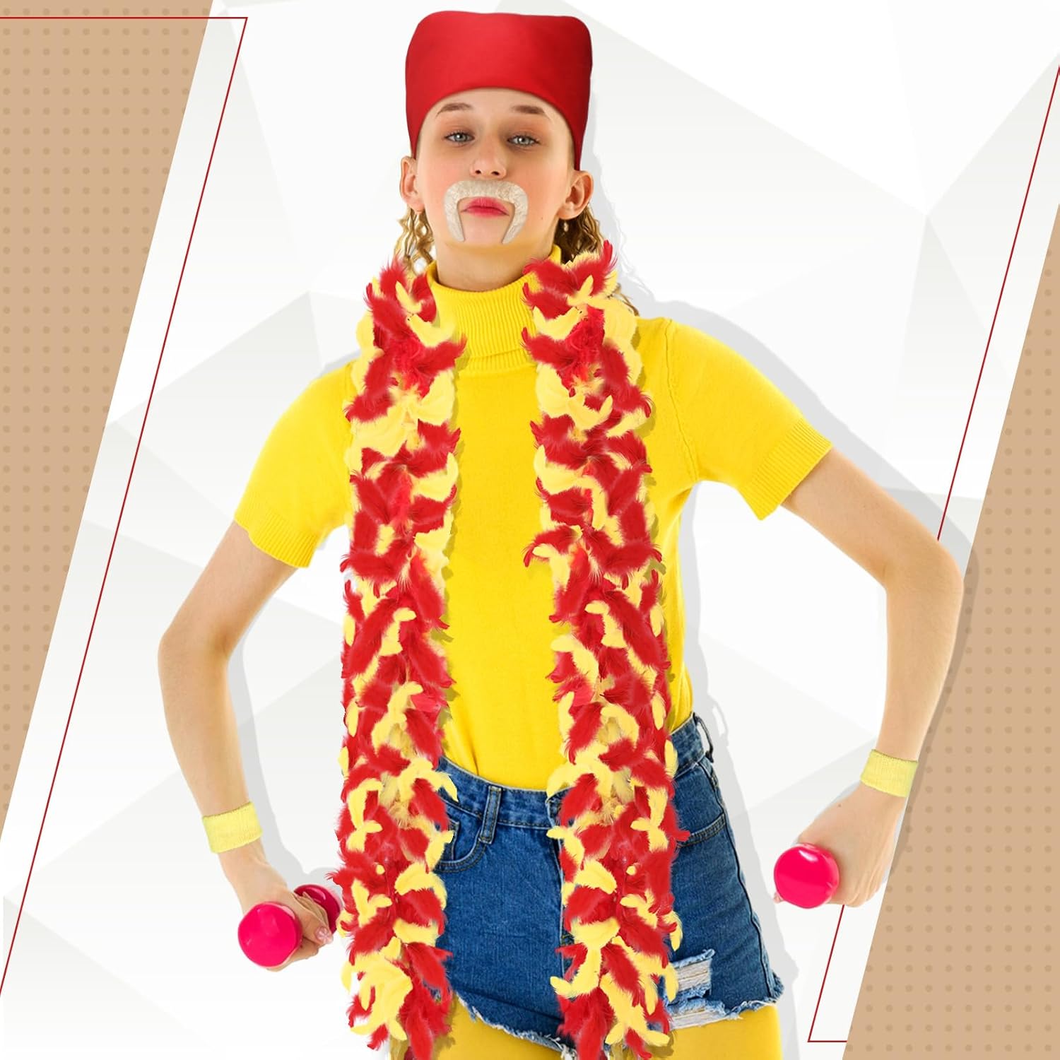 Riceshoot 5 Pieces Halloween Costume Kit Includes Yellow and Red Feather Boa Fake Mustaches Red Bandana Tennis Wrist Sweatbands for Adult Halloween Cosplay Party Decoration - Image 4