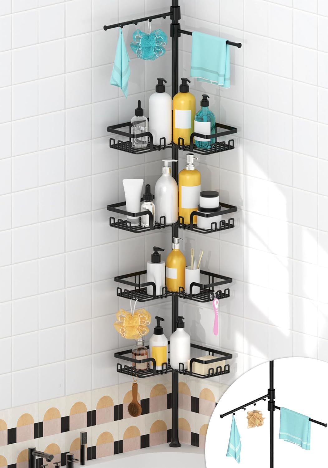 KEGII Shower Caddy Tension Pole with 2 Towel Bars, Corner Shower Organizer Shelves for Bathtub Shampoo Storage, Adjustable Shower Tension Rod with Razor Holder & Hooks