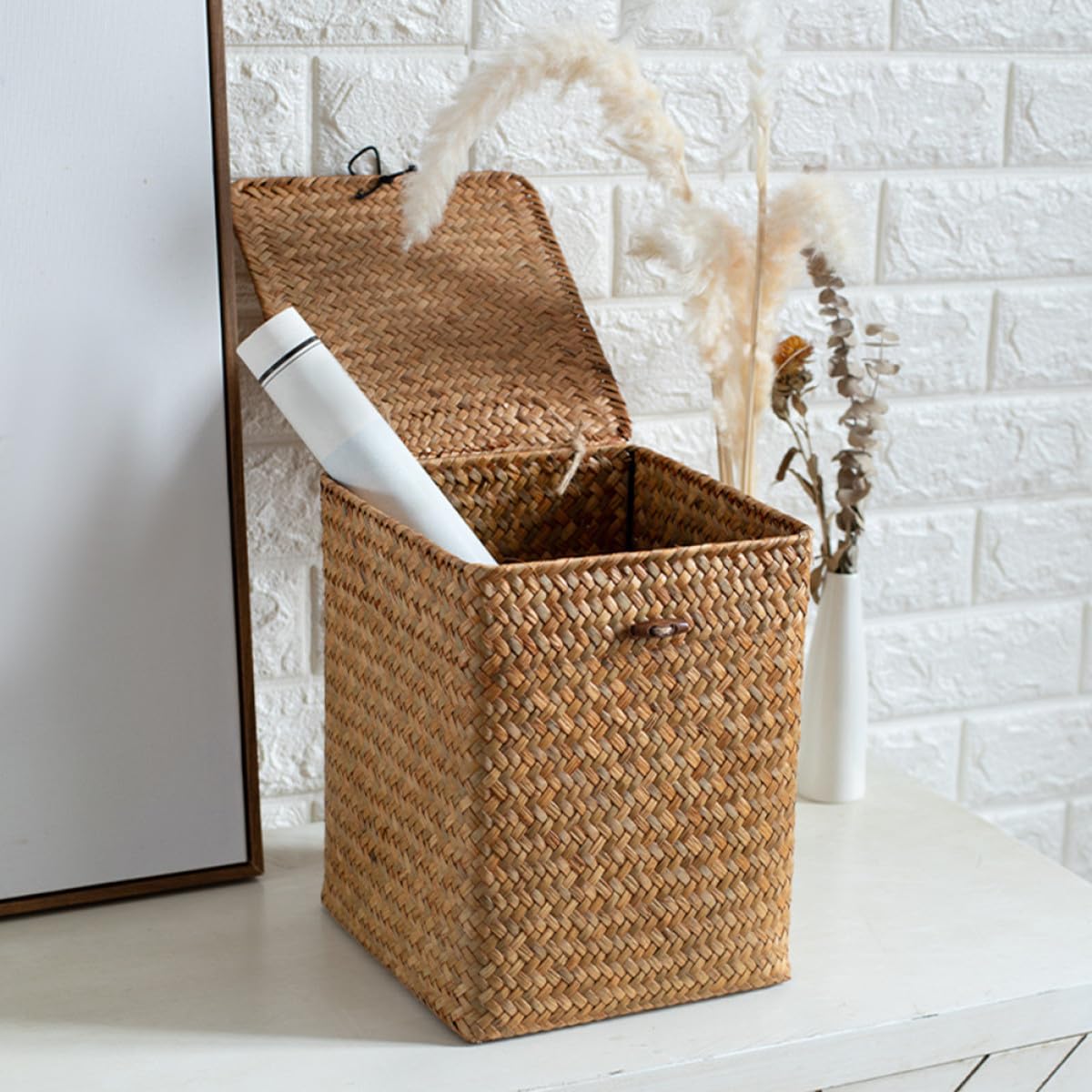 SHINEOFI Scatola Portaoggetti Intrecciata Coperchio in Paglia Marina, Organizzatore per Cosmetici e Contenitore da Scrivania Rustico per Casa e Ufficio, Dimensioni Medie, Resistente