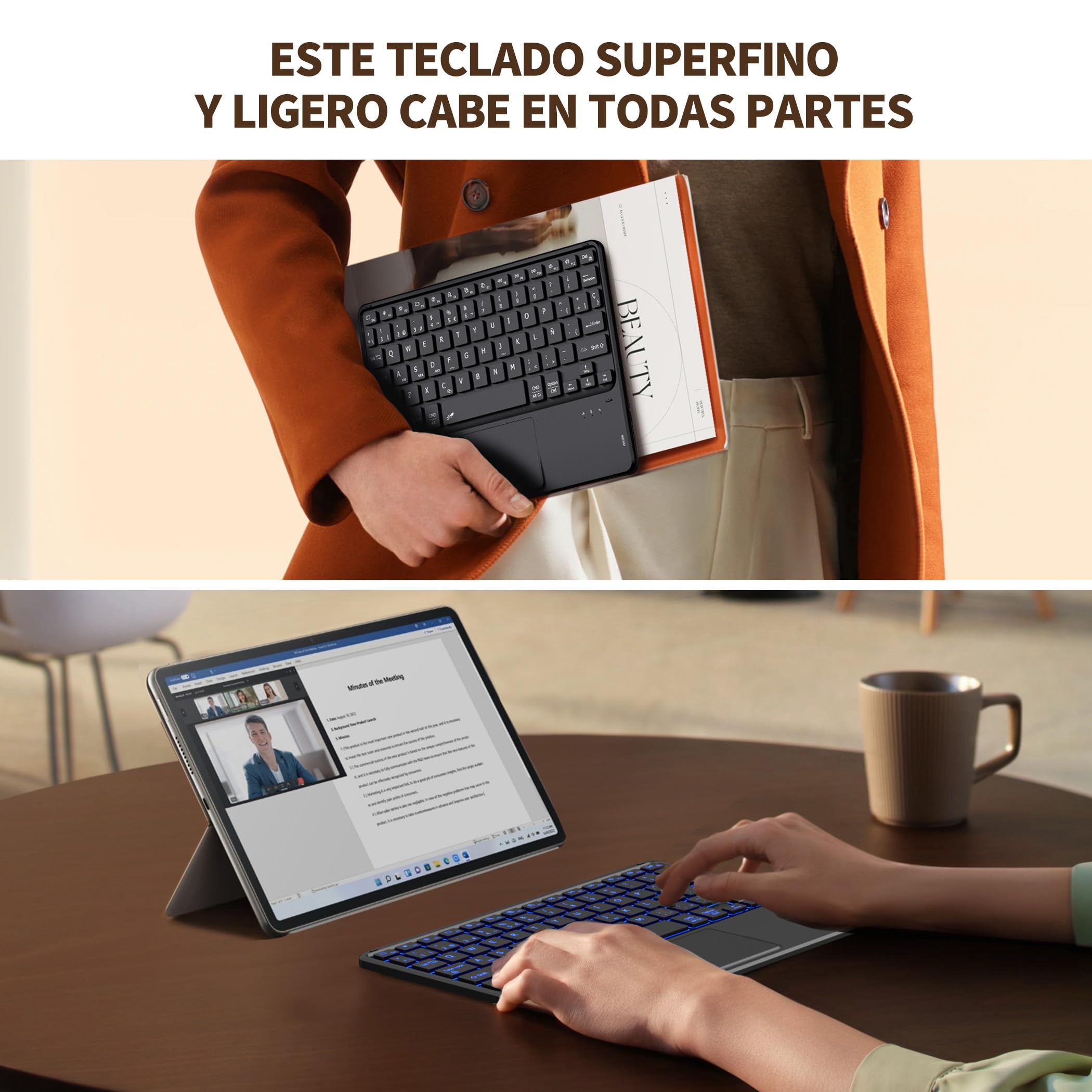 CACOE Teclado con TouchPad Bluetooth Inalámbrico de 10 Pulgadas, [Español] Delgado y Ligero Retroiluminado para iPad, Android Samsung Tablet, Xiaomi Pad, Huawei, Lenovo, Negro