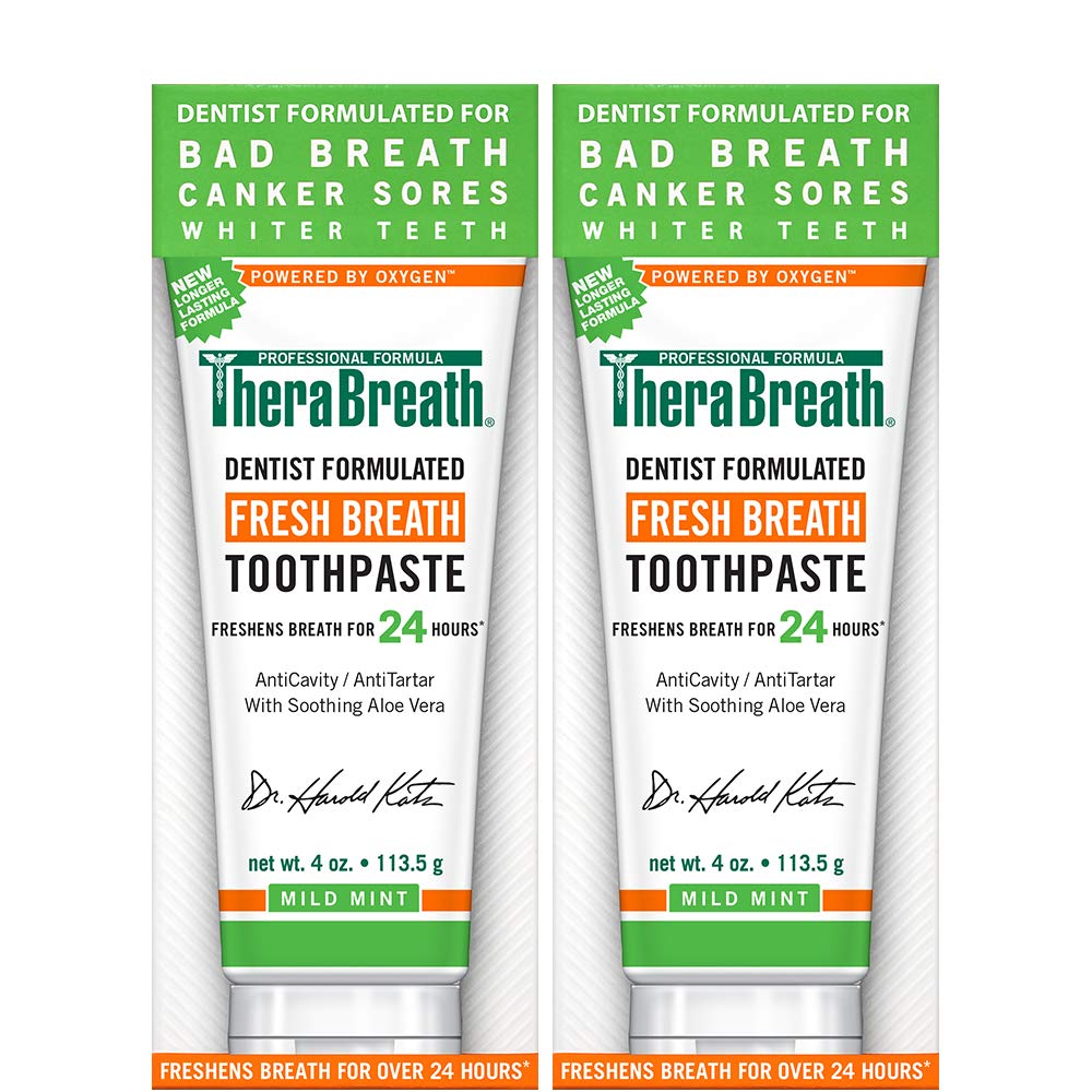 TheraBreath Fresh Breath Toothpaste, Mild Mint Flavor, Dentist Formulated, Anticavity Fluoride Formula with Aloe Vera, Long-Lasting 12-Hour Freshness, 4 oz (Pack of 2)