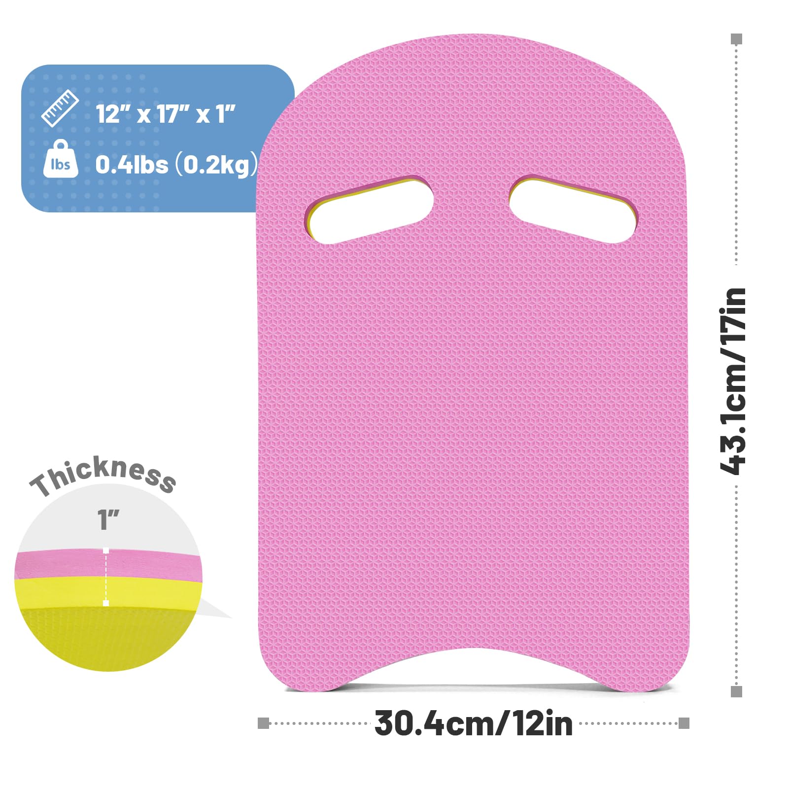 2 tablas de natación en forma de U con mango de 2 agujeros hechas de EVA, 17 x 12 x 1.1 pulgadas, ligeras y duraderas, adecuadas para principiantes y nadadores avanzados para entrenamiento (1 rosa + 1