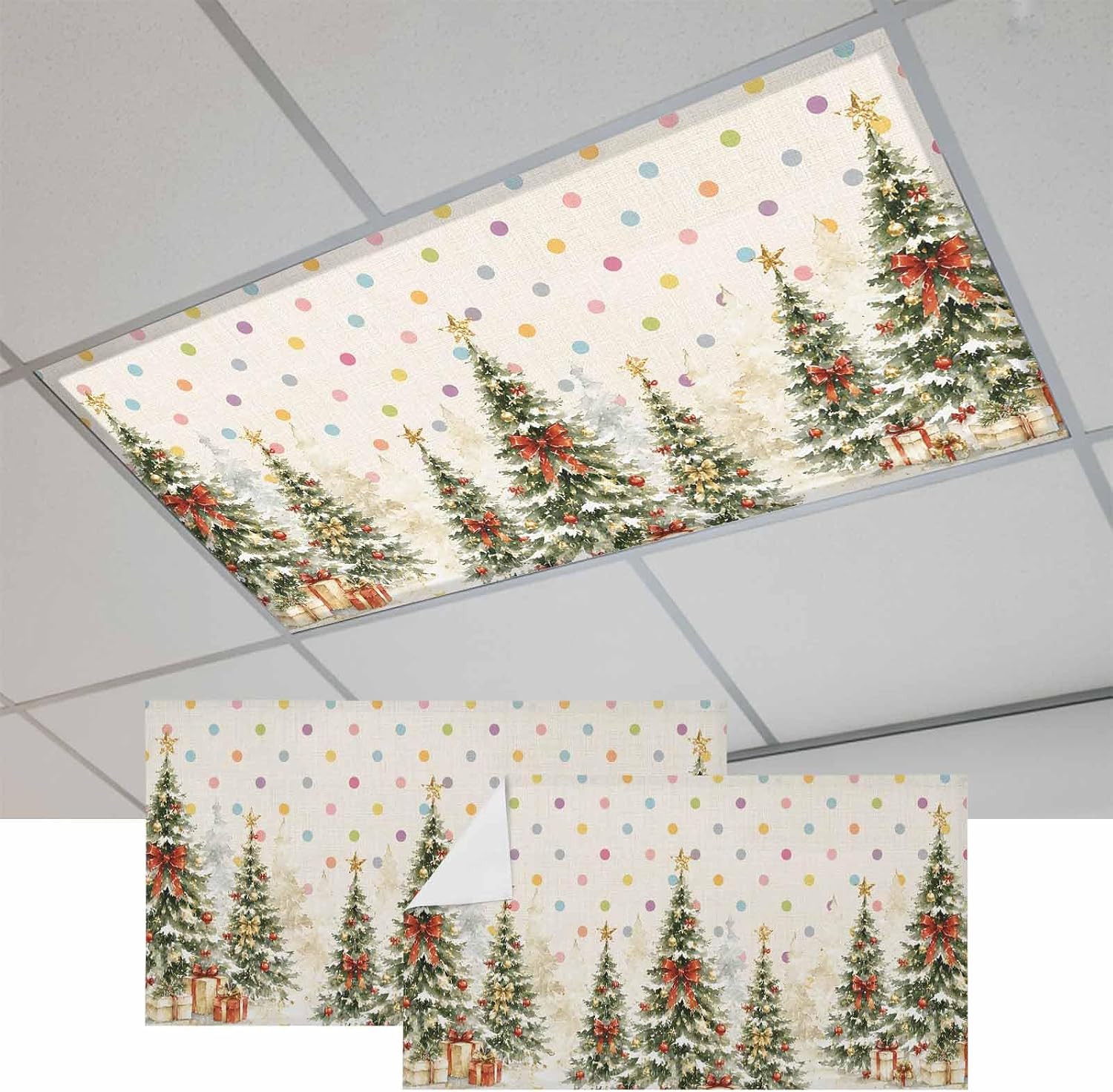 Christmas Tree Fluorescent Light Covers, Winter Country Pine Tree Bow Ball Snow Colorful Dots Magnetic Light Cover for Ceiling Lights, Light Filters for Classroom Home Office 2 Pack
