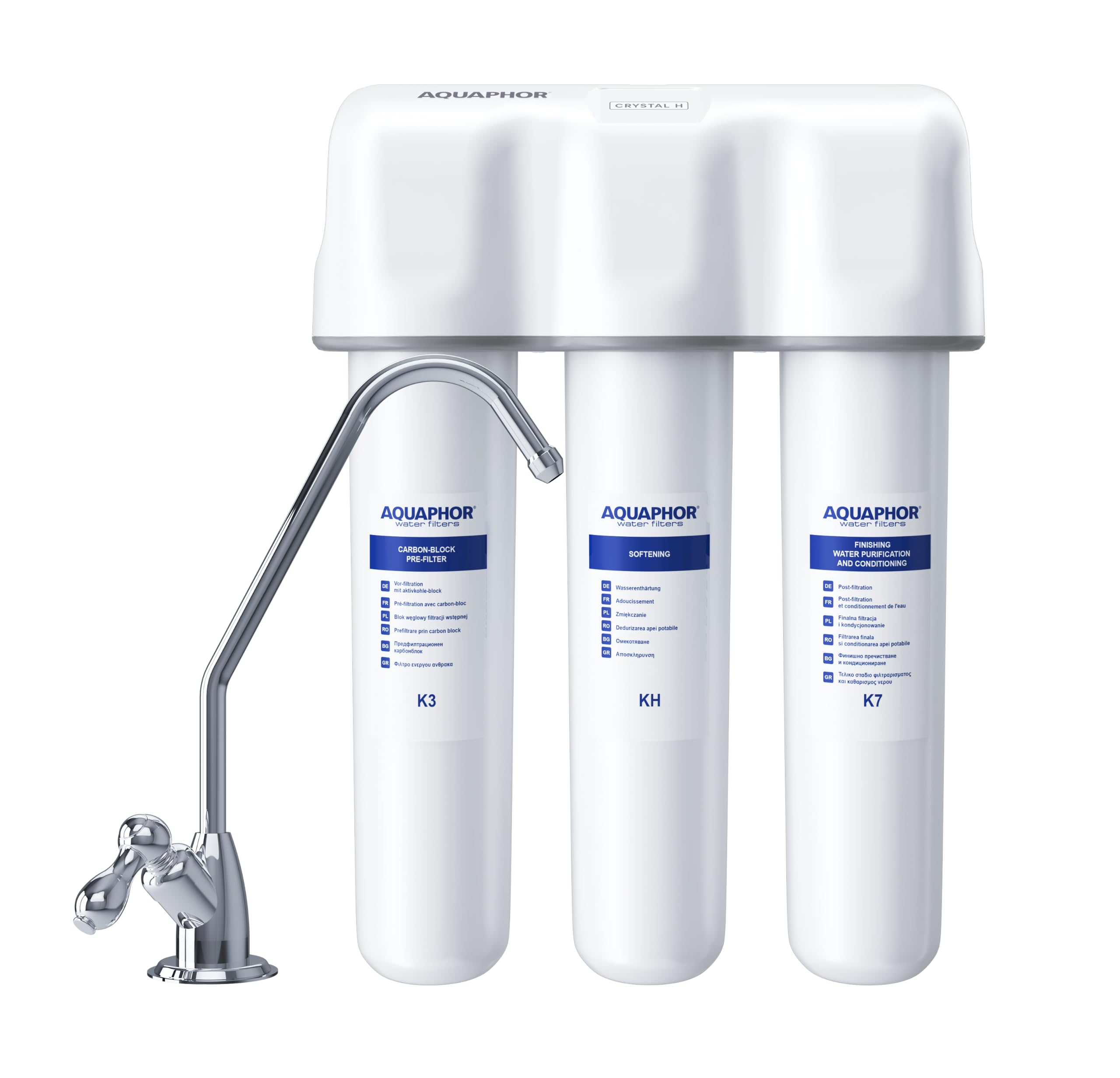 AQUAPHOR Sistema de filtro de agua Crystal H con filtro K3, K7, KH para agua dura.