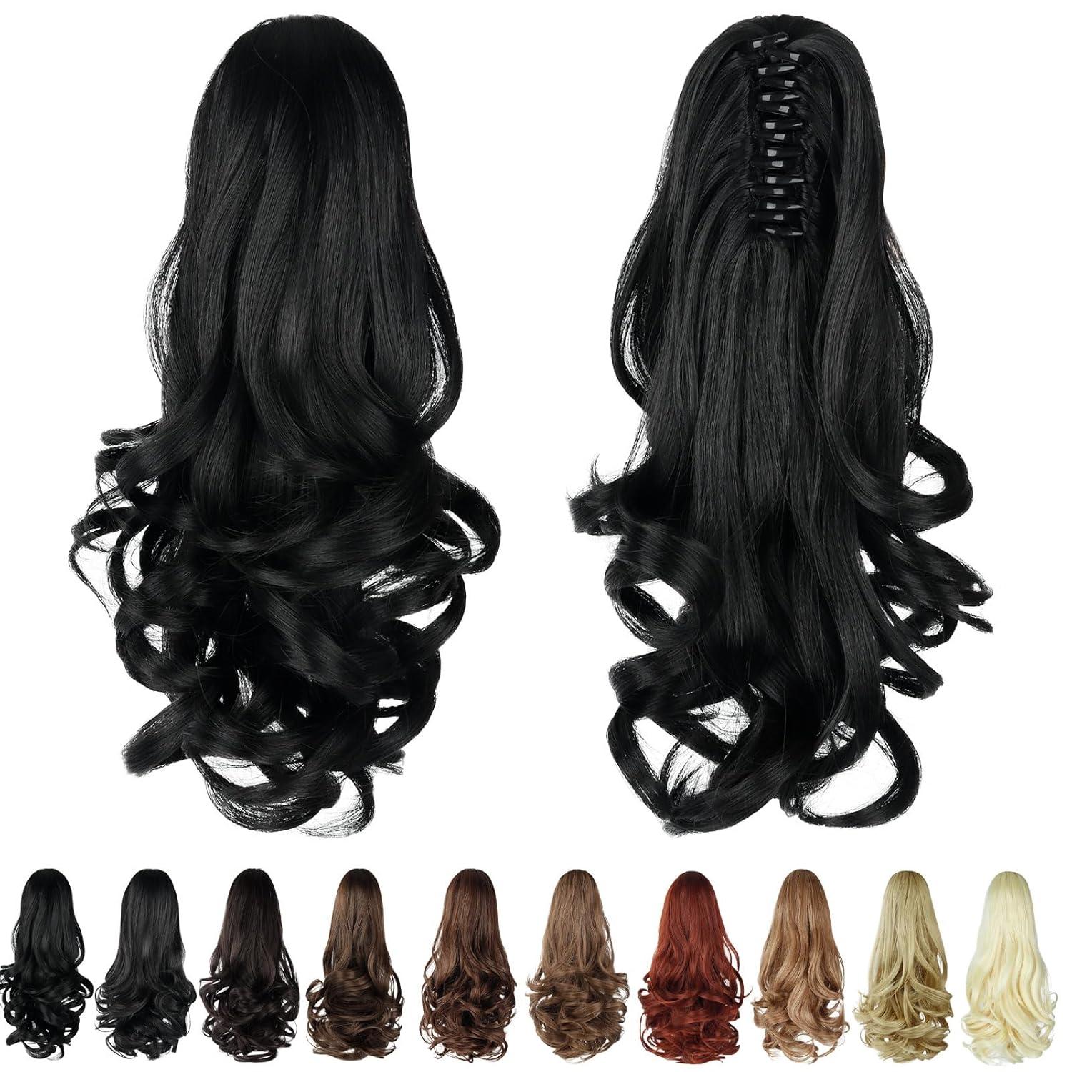 Ponytail Extension, Clip on Ponytails for Women, 14" Claw Clip in Short Curly Wavy Pony Hair Extension for Women - Black - Image 9